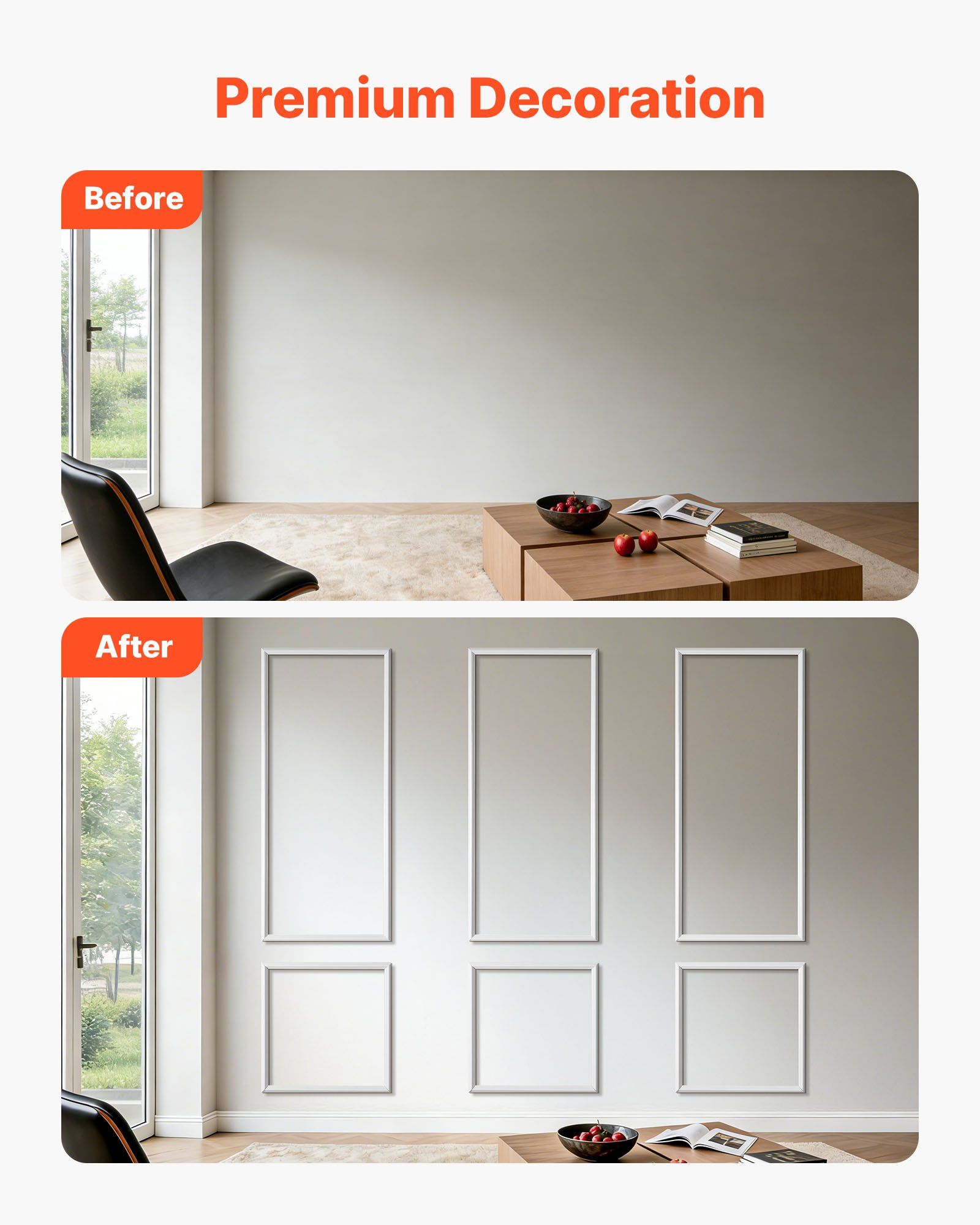 Wall Molding 3 Pack, Wainscoting Panels Kit, Lightweight Paintable Polystyrene, Easy to Install, Waterproof Accent Wide Profile Trim for Interior Living Room, Bedroom,White (61x137 + 61x61 cm) - Image 3