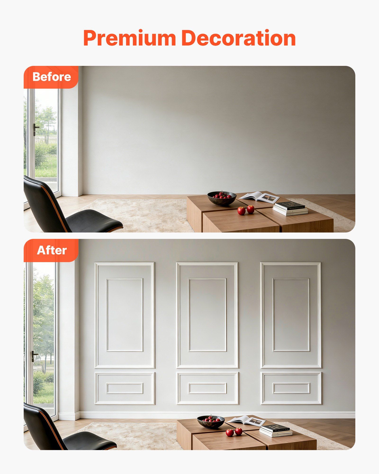Wall Molding 3 Pack, Wainscoting Panels Kit with Dual-Line Wide & Narrow Profile, Lightweight Paintable Polystyrene, Easy to Install Accent Wall Trim for Interior Living Room, Bedroom,White - Image 3