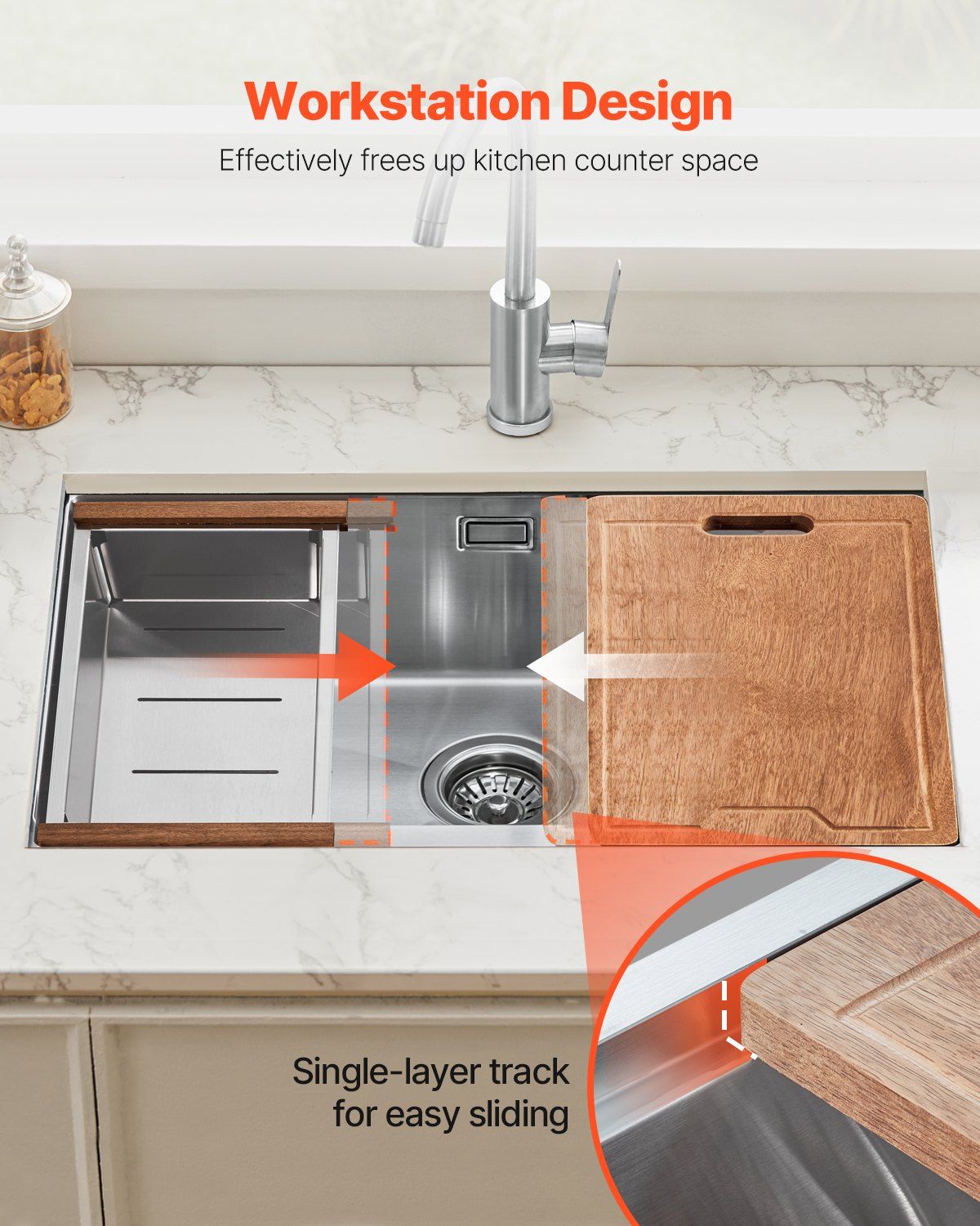 30 inch Kitchen Sink Workstation, 304 Stainless Steel Undermount Sink, Drop-In Single Bowl Farmhouse Basin with Ledge & Multiple Accessories, Household Dishwasher Sinks for RV, Prep Kitchen, Bar - Image 4
