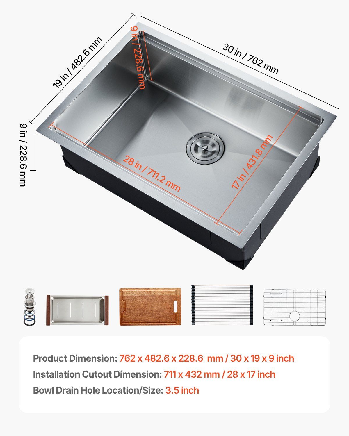 30 inch Kitchen Sink Workstation, 304 Stainless Steel Undermount Sink, Drop-In Single Bowl Farmhouse Basin with Ledge & Multiple Accessories, Household Dishwasher Sinks for RV, Prep Kitchen, Bar - Image 7