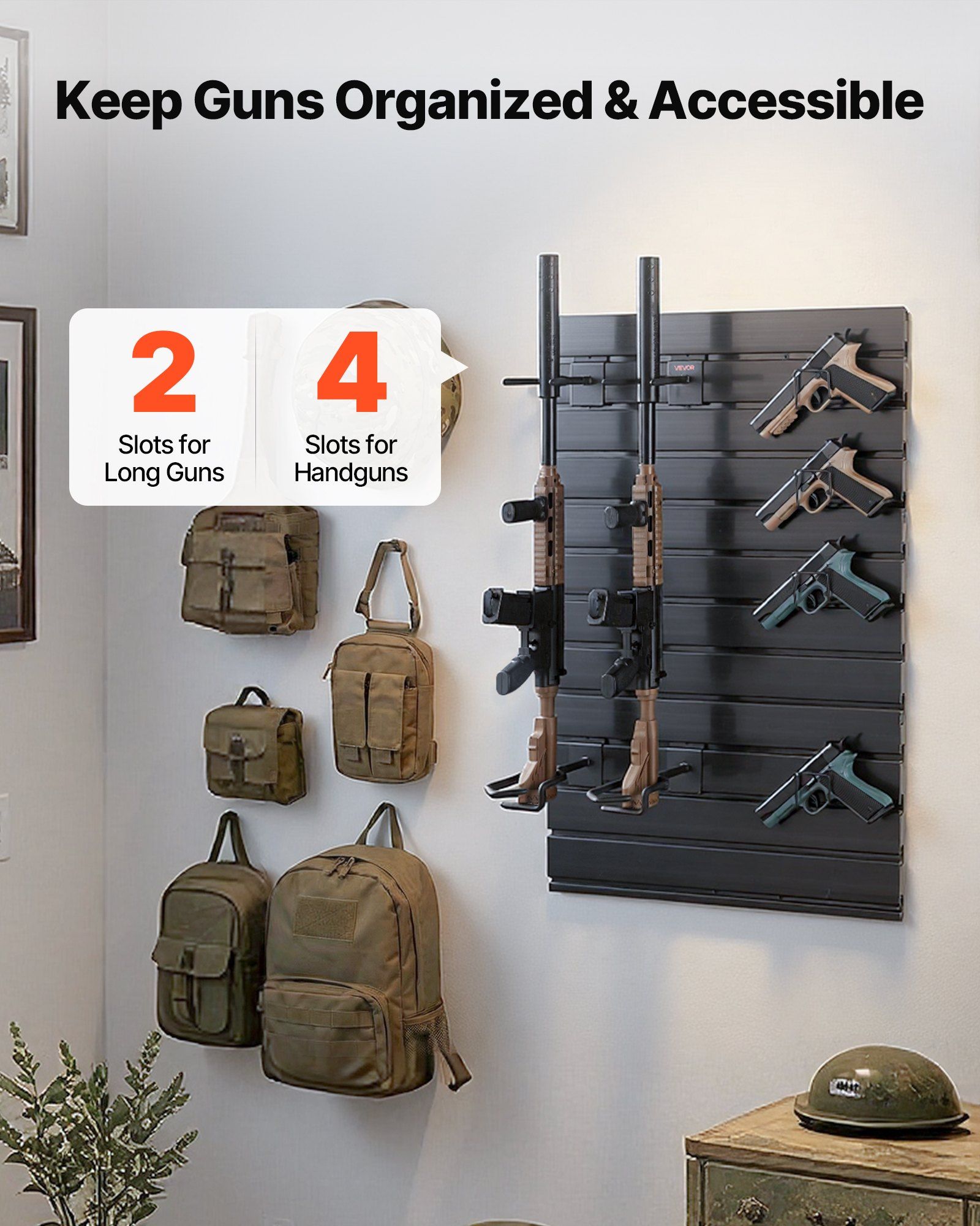 Gun Rack, Wall Mount, Tactical Rifle Shotgun Handgun Storage, Heavy-Duty PVC Panels & Steel Wall Racks, Securely Holds up to 2 Rifles & 4 Pistols, Modular Firearms Gun Gear Accessories Organizer - Image 2