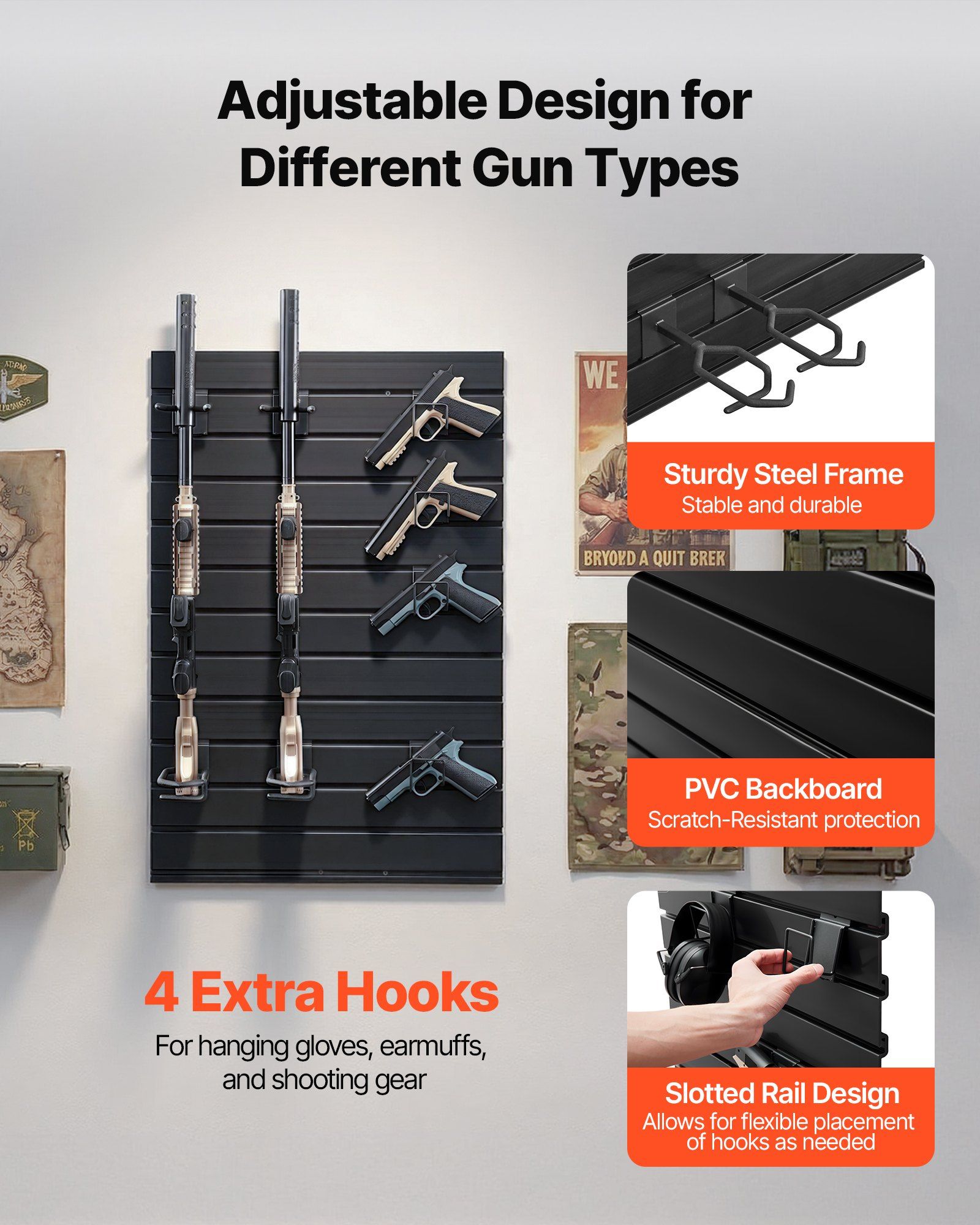 Gun Rack, Wall Mount, Tactical Rifle Shotgun Handgun Storage, Heavy-Duty PVC Panels & Steel Wall Racks, Securely Holds up to 2 Rifles & 4 Pistols, Modular Firearms Gun Gear Accessories Organizer - Image 3