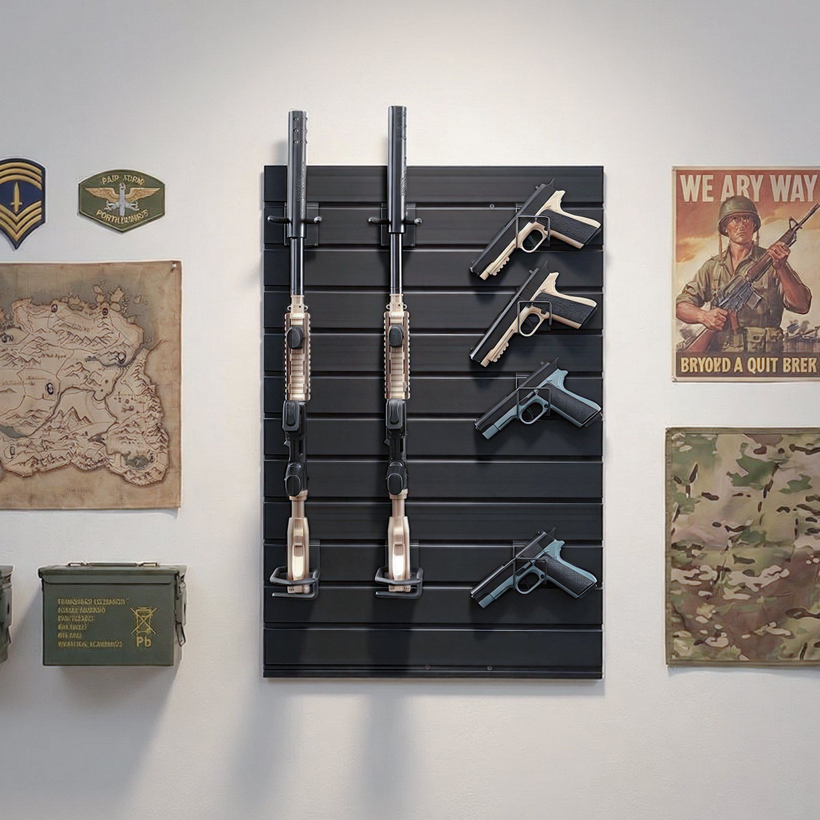 Gun Rack, Wall Mount, Tactical Rifle Shotgun Handgun Storage, Heavy-Duty PVC Panels & Steel Wall Racks, Securely Holds up to 2 Rifles & 4 Pistols, Modular Firearms Gun Gear Accessories Organizer - Image 8