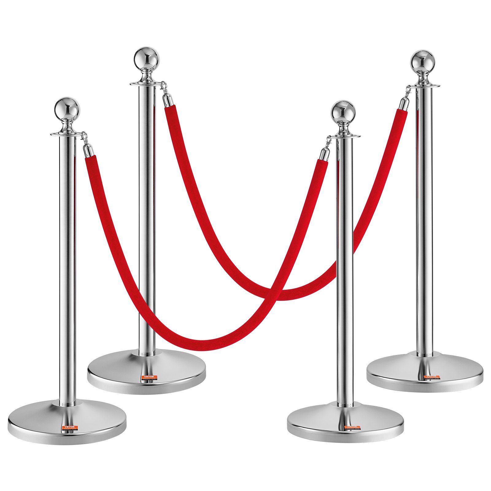 Stanchion Post with Velvet Rope, 4-Pack Crowd Control Stanchion with 2PCS 5FT Red Velvet Ropes, Stainless Steel Queue Barrier Line Divider with Fillable Plastic Base, Ball Top for Wedding Museum - Image 1