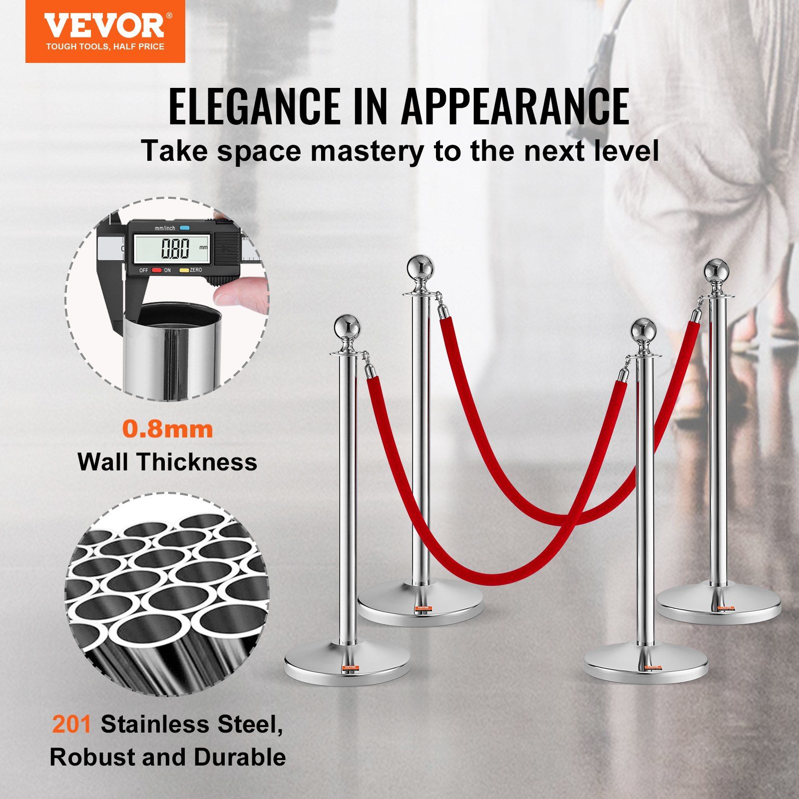 Stanchion Post with Velvet Rope, 4-Pack Crowd Control Stanchion with 2PCS 5FT Red Velvet Ropes, Stainless Steel Queue Barrier Line Divider with Fillable Plastic Base, Ball Top for Wedding Museum - Image 2