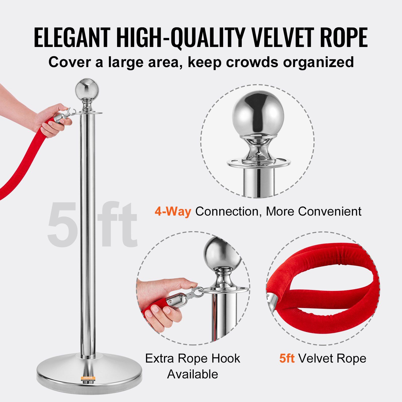 Stanchion Post with Velvet Rope, 4-Pack Crowd Control Stanchion with 2PCS 5FT Red Velvet Ropes, Stainless Steel Queue Barrier Line Divider with Fillable Plastic Base, Ball Top for Wedding Museum - Image 4