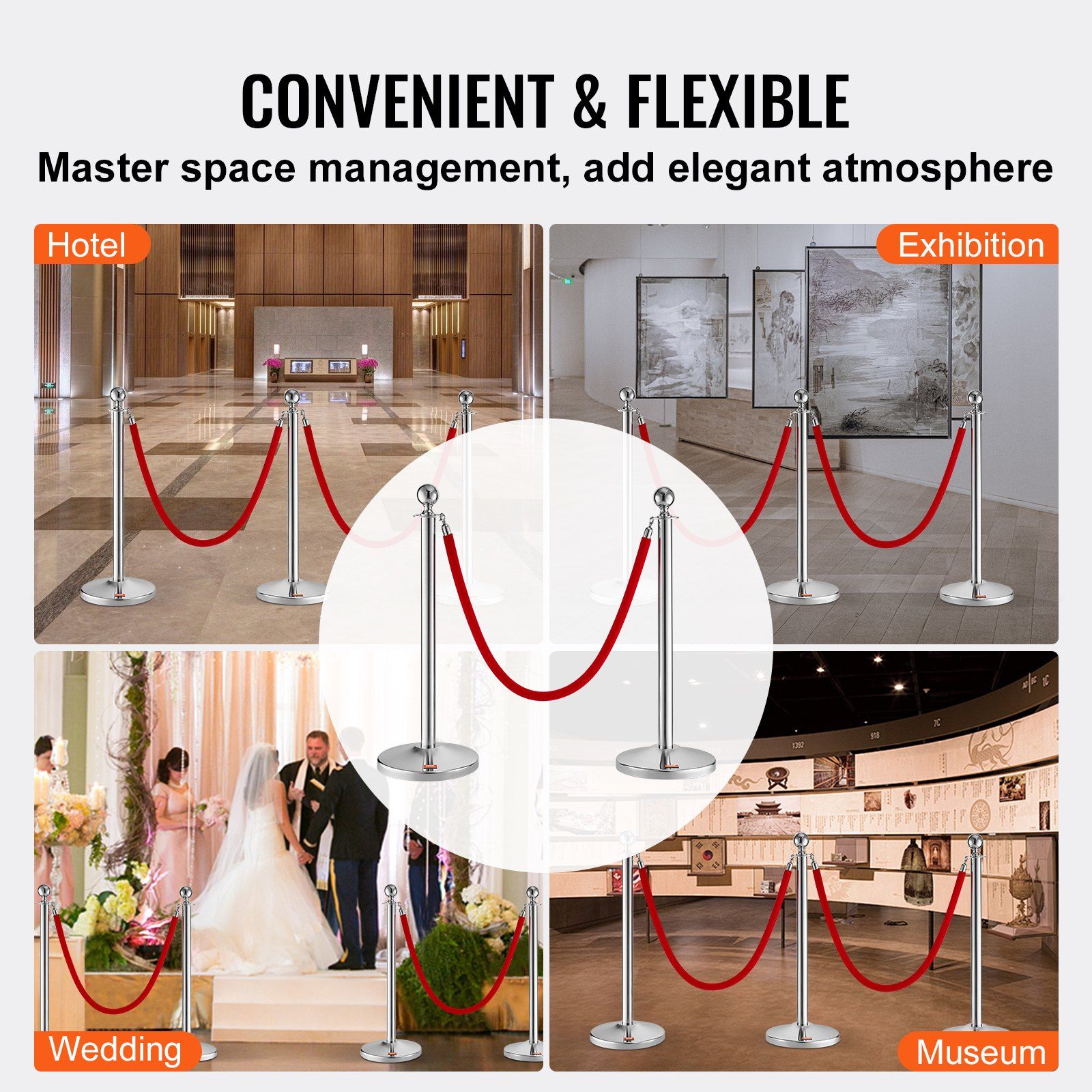 Stanchion Post with Velvet Rope, 4-Pack Crowd Control Stanchion with 2PCS 5FT Red Velvet Ropes, Stainless Steel Queue Barrier Line Divider with Fillable Plastic Base, Ball Top for Wedding Museum - Image 6