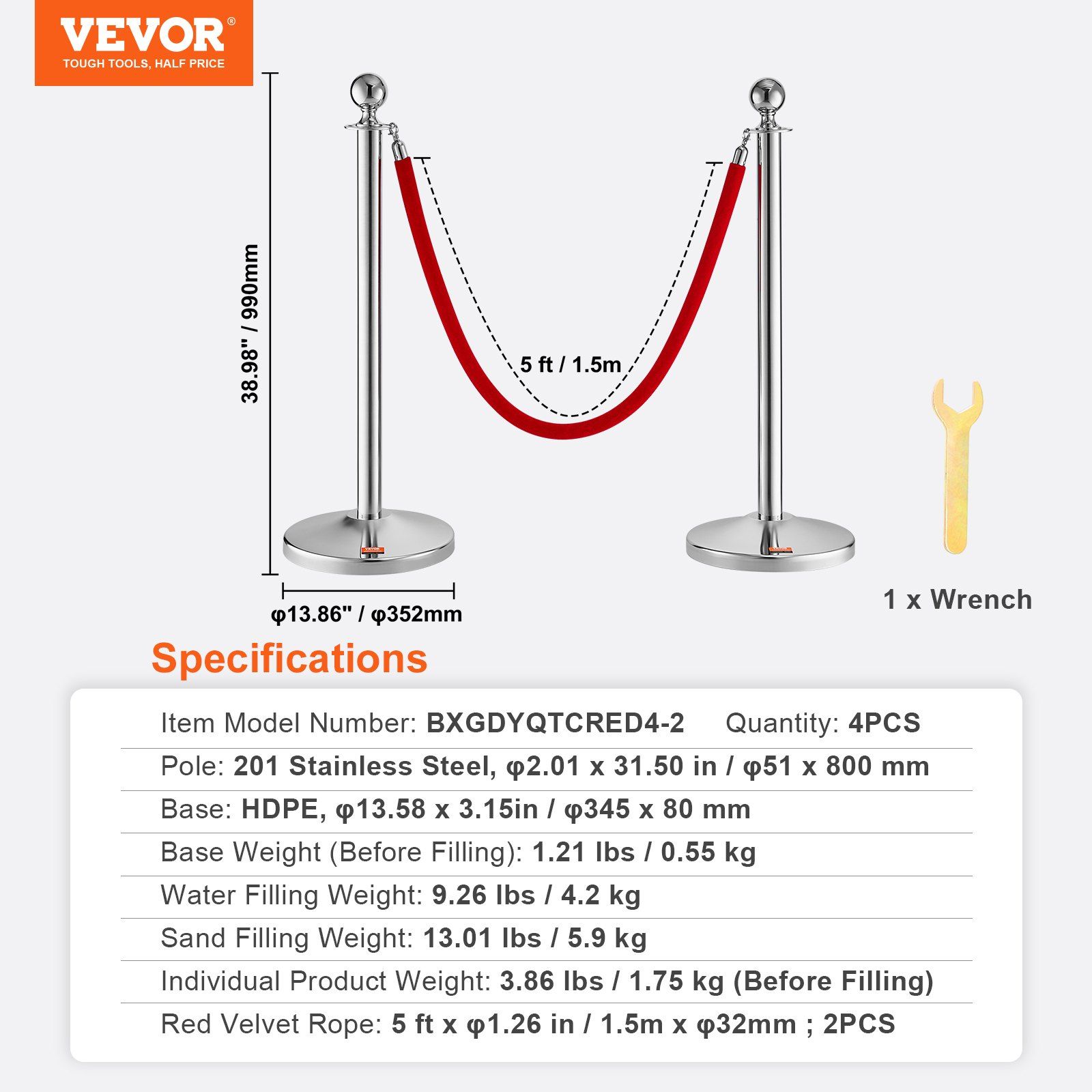 Stanchion Post with Velvet Rope, 4-Pack Crowd Control Stanchion with 2PCS 5FT Red Velvet Ropes, Stainless Steel Queue Barrier Line Divider with Fillable Plastic Base, Ball Top for Wedding Museum - Image 7