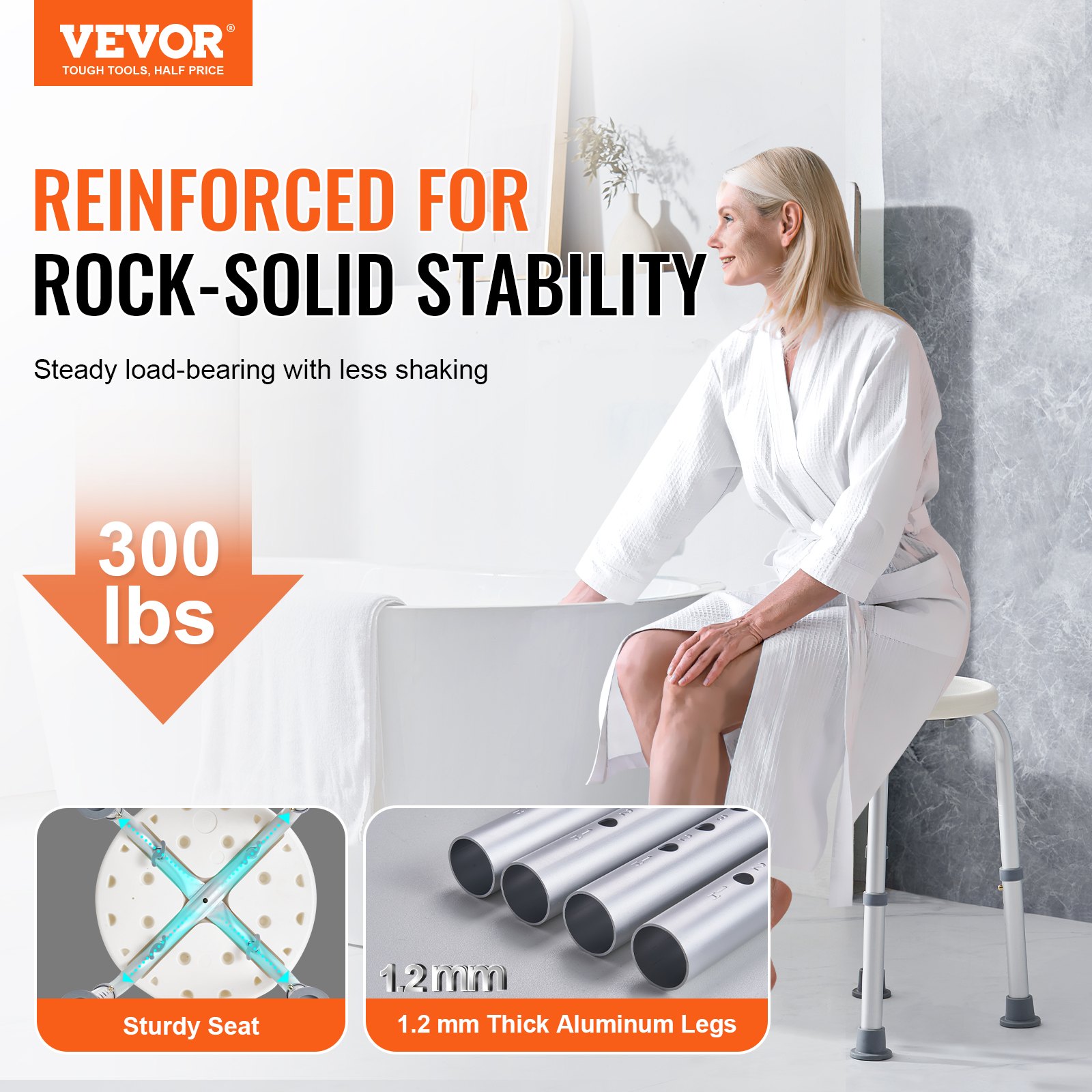 Shower Chair for Inside Shower, Adjustable Height Shower Stool, Non-Slip Bench Bathtub Seat Stool for Elderly Disabled Adults Handicap, 300 lbs Capacity - Image 2