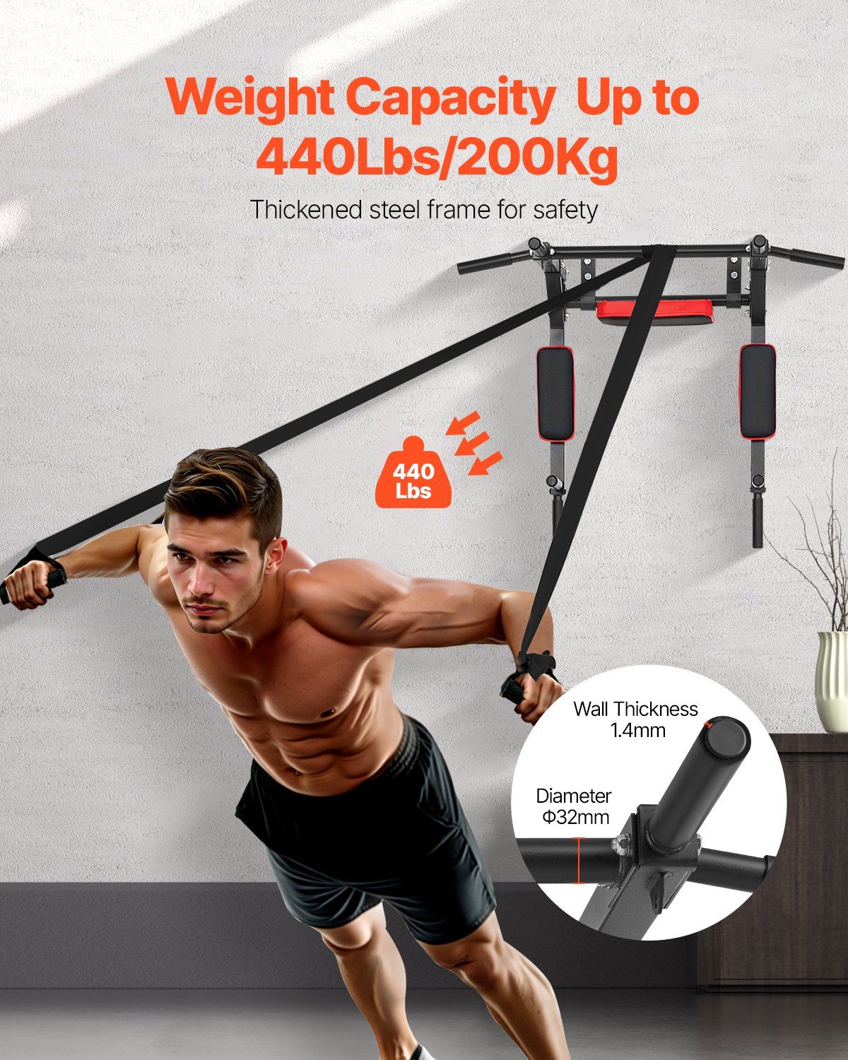 Multifunctional Pull Up Bar, Wall Mounted Chin Up Bar Dip Station for Home Gym, Heavy Duty Steel Upper Body Workout Pull Ups, Power Tower Set Training Equipment Fitness, 440 lbs Weight Capacity - Image 2
