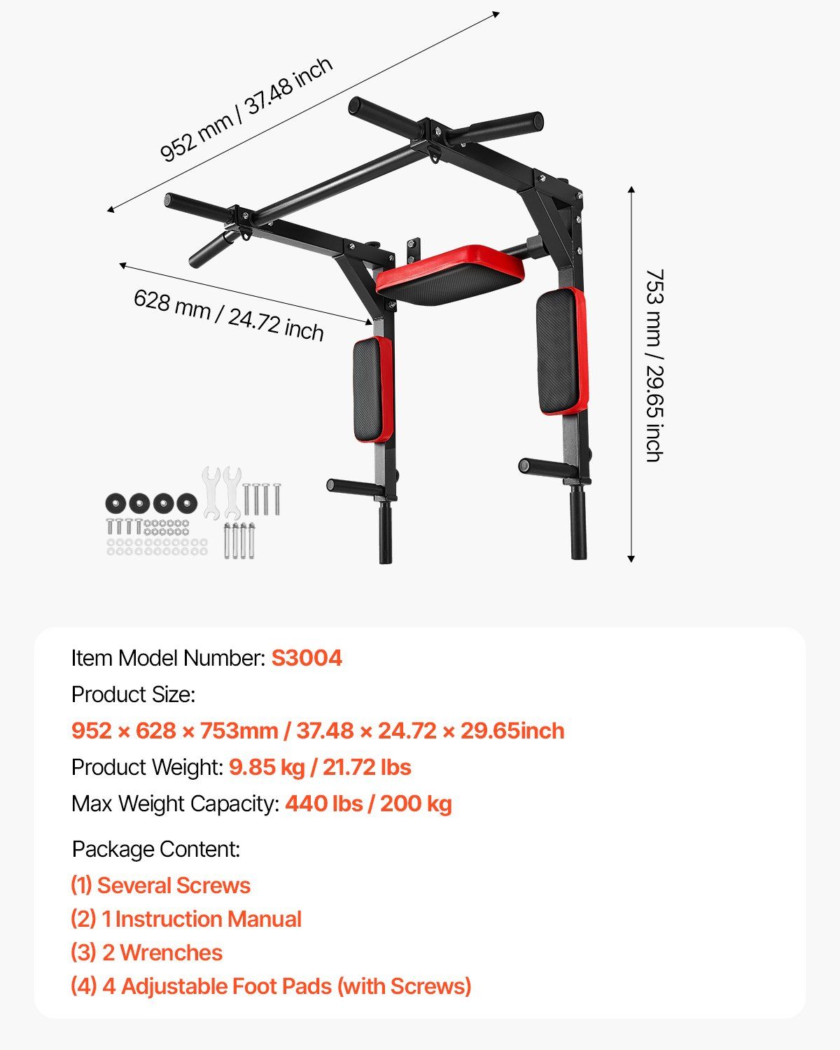 Multifunctional Pull Up Bar, Wall Mounted Chin Up Bar Dip Station for Home Gym, Heavy Duty Steel Upper Body Workout Pull Ups, Power Tower Set Training Equipment Fitness, 440 lbs Weight Capacity - Image 7