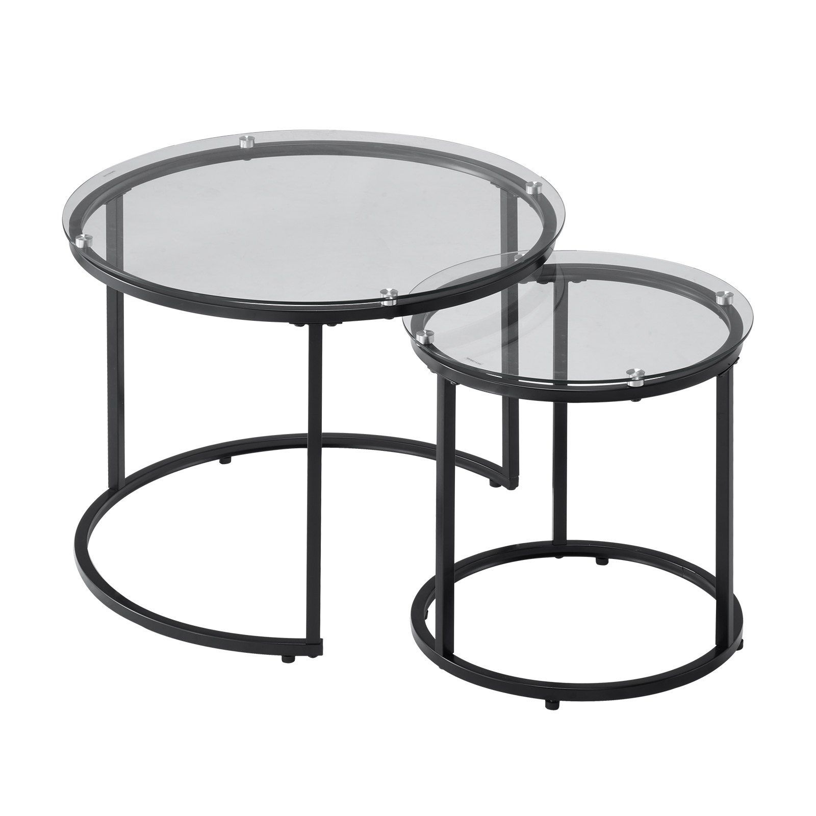 Nesting Coffee Table Set of 2, 600 mm Round Coffee Table, Glass Nesting Tables for Small Place, Modern End Side Tables Night Stand with Metal Frame, for Living Room, Bedroom, Balcony, Office - Image 1