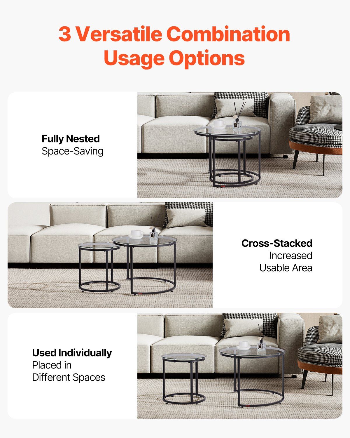 Nesting Coffee Table Set of 2, 600 mm Round Coffee Table, Glass Nesting Tables for Small Place, Modern End Side Tables Night Stand with Metal Frame, for Living Room, Bedroom, Balcony, Office - Image 2