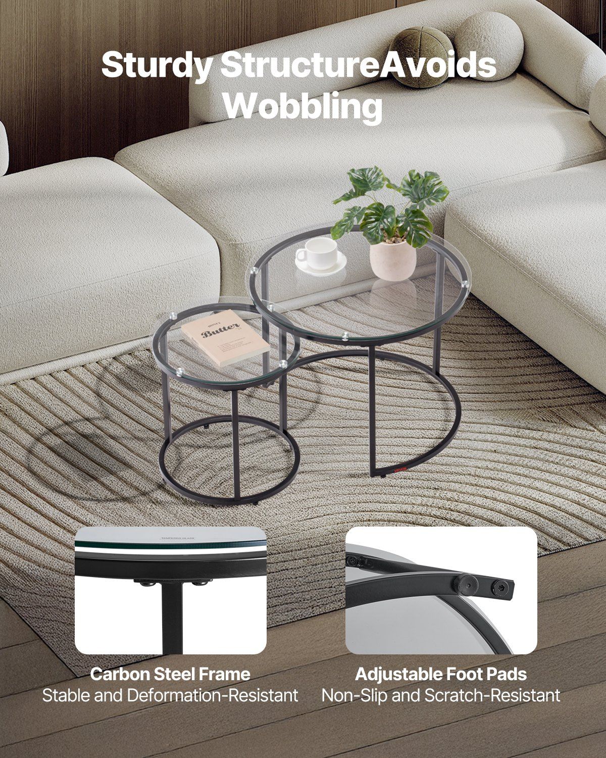 Nesting Coffee Table Set of 2, 600 mm Round Coffee Table, Glass Nesting Tables for Small Place, Modern End Side Tables Night Stand with Metal Frame, for Living Room, Bedroom, Balcony, Office - Image 3