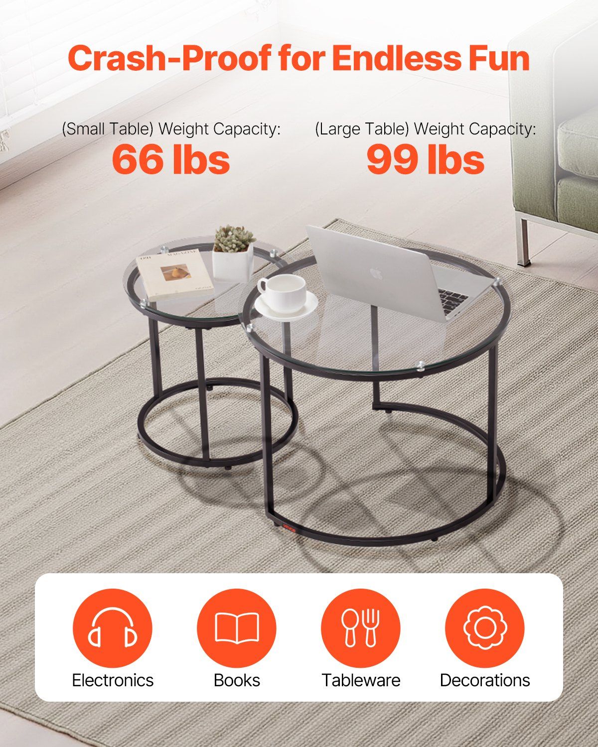 Nesting Coffee Table Set of 2, 600 mm Round Coffee Table, Glass Nesting Tables for Small Place, Modern End Side Tables Night Stand with Metal Frame, for Living Room, Bedroom, Balcony, Office - Image 5