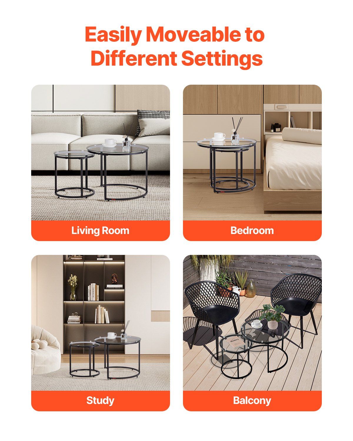Nesting Coffee Table Set of 2, 600 mm Round Coffee Table, Glass Nesting Tables for Small Place, Modern End Side Tables Night Stand with Metal Frame, for Living Room, Bedroom, Balcony, Office - Image 6