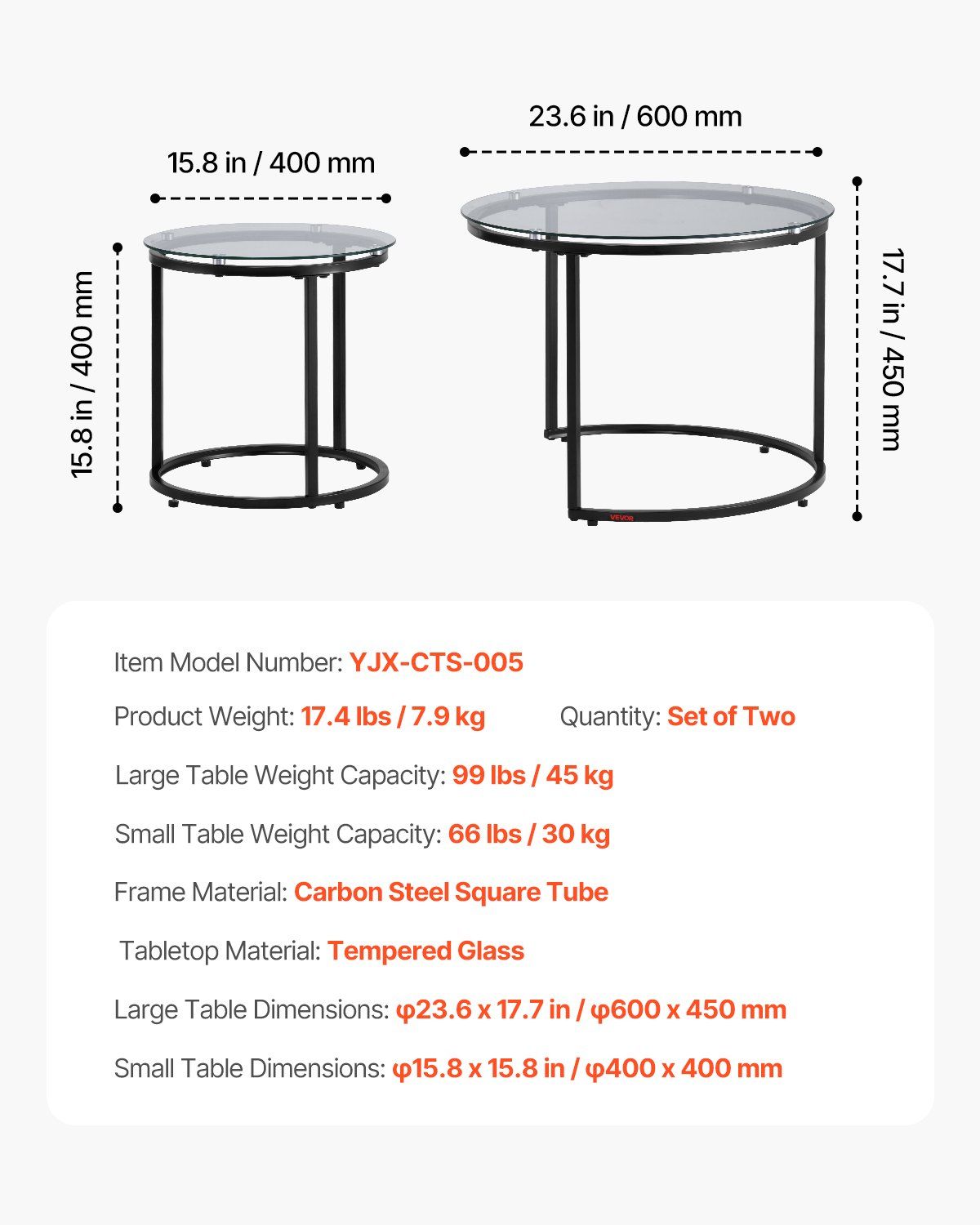 Nesting Coffee Table Set of 2, 600 mm Round Coffee Table, Glass Nesting Tables for Small Place, Modern End Side Tables Night Stand with Metal Frame, for Living Room, Bedroom, Balcony, Office - Image 7