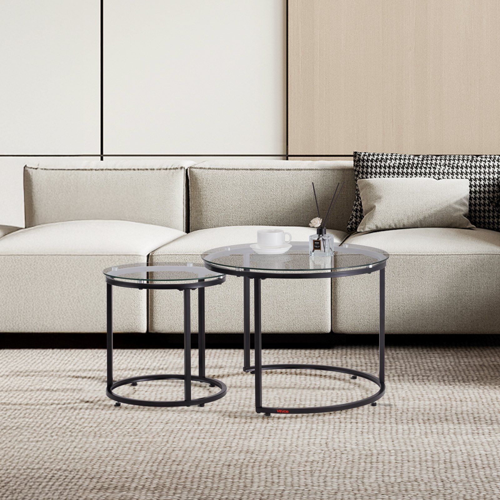 Nesting Coffee Table Set of 2, 600 mm Round Coffee Table, Glass Nesting Tables for Small Place, Modern End Side Tables Night Stand with Metal Frame, for Living Room, Bedroom, Balcony, Office - Image 8