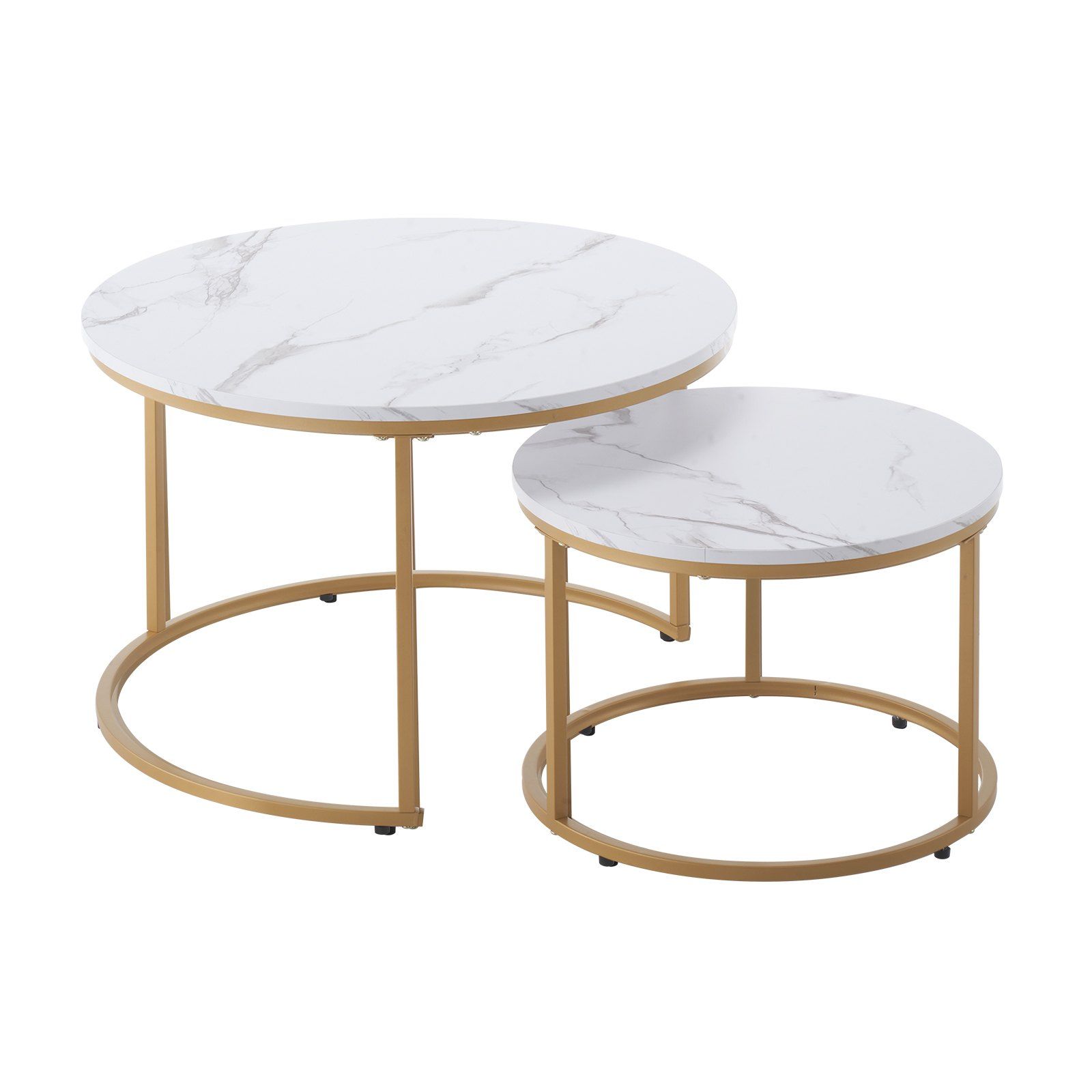 Nesting Coffee Table Set of 2, 700 mm Round Coffee Table, Nesting Tables for Small Place, Vintage End Side Tables Night Stand with Metal Frame, for Living Room, Bedroom, Office (White & Gold) - Image 1