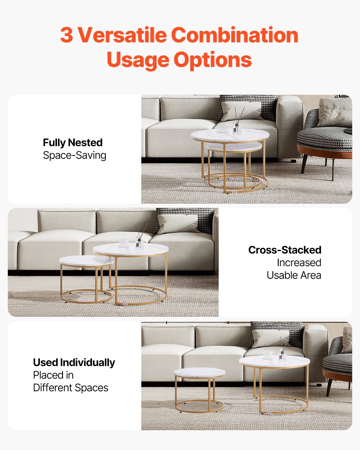 Nesting Coffee Table Set of 2, 700 mm Round Coffee Table, Nesting Tables for Small Place, Vintage End Side Tables Night Stand with Metal Frame, for Living Room, Bedroom, Office (White & Gold) - Image 2