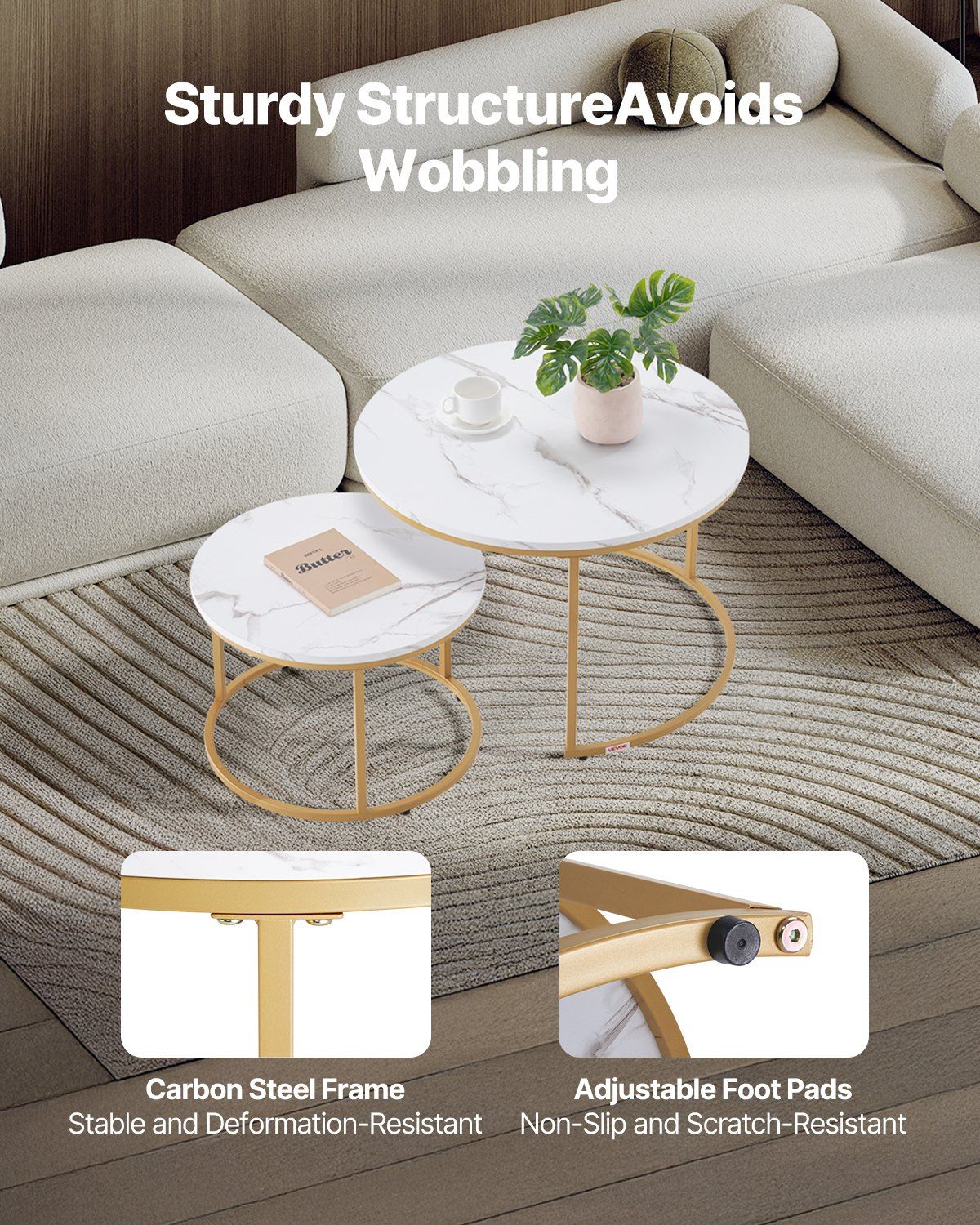 Nesting Coffee Table Set of 2, 700 mm Round Coffee Table, Nesting Tables for Small Place, Vintage End Side Tables Night Stand with Metal Frame, for Living Room, Bedroom, Office (White & Gold) - Image 3
