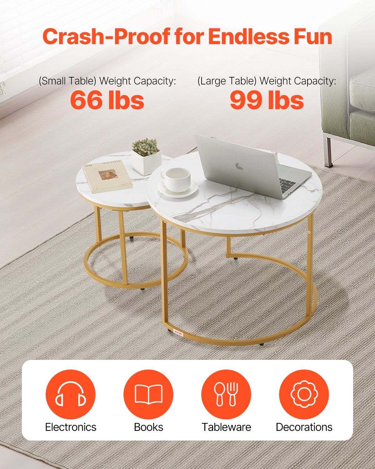 Nesting Coffee Table Set of 2, 700 mm Round Coffee Table, Nesting Tables for Small Place, Vintage End Side Tables Night Stand with Metal Frame, for Living Room, Bedroom, Office (White & Gold) - Image 5