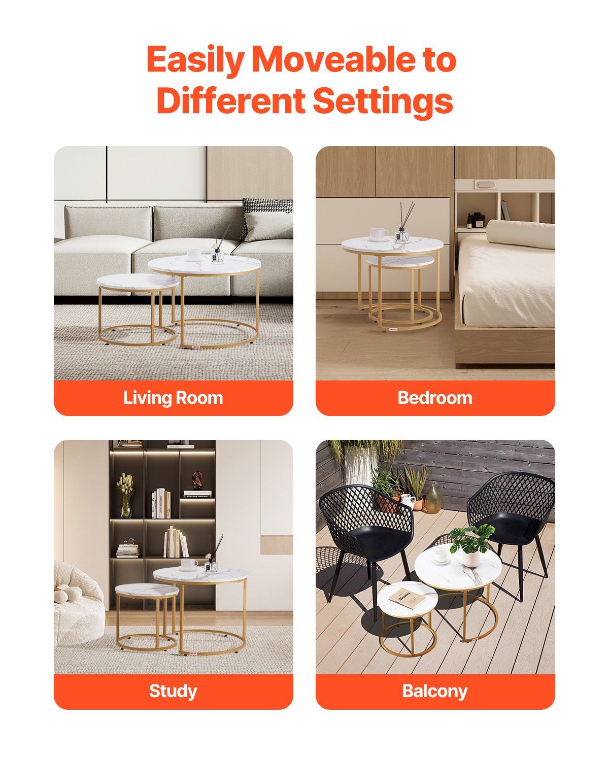 Nesting Coffee Table Set of 2, 700 mm Round Coffee Table, Nesting Tables for Small Place, Vintage End Side Tables Night Stand with Metal Frame, for Living Room, Bedroom, Office (White & Gold) - Image 6