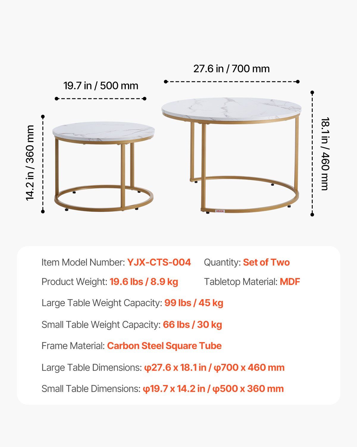 Nesting Coffee Table Set of 2, 700 mm Round Coffee Table, Nesting Tables for Small Place, Vintage End Side Tables Night Stand with Metal Frame, for Living Room, Bedroom, Office (White & Gold) - Image 7
