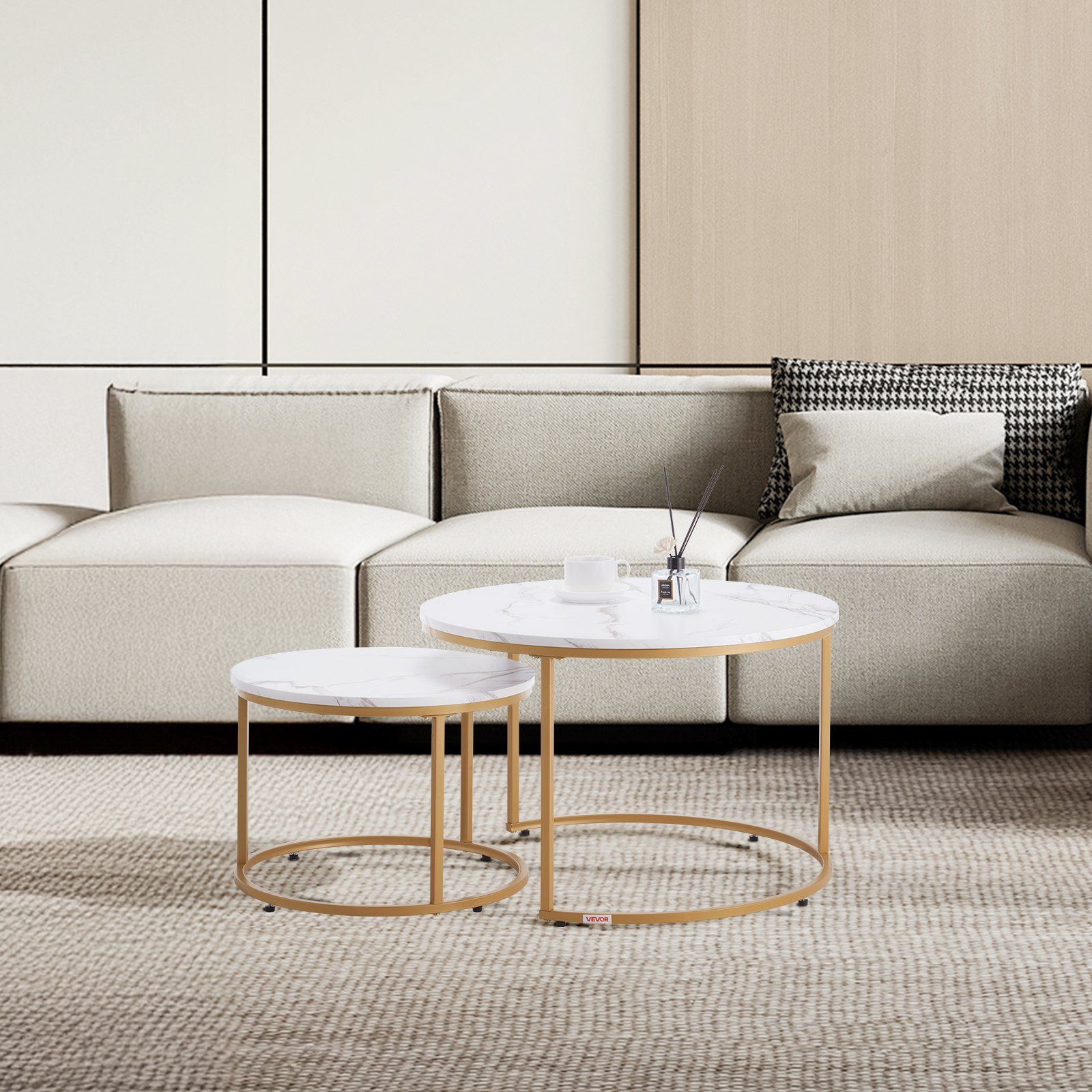 Nesting Coffee Table Set of 2, 700 mm Round Coffee Table, Nesting Tables for Small Place, Vintage End Side Tables Night Stand with Metal Frame, for Living Room, Bedroom, Office (White & Gold) - Image 8