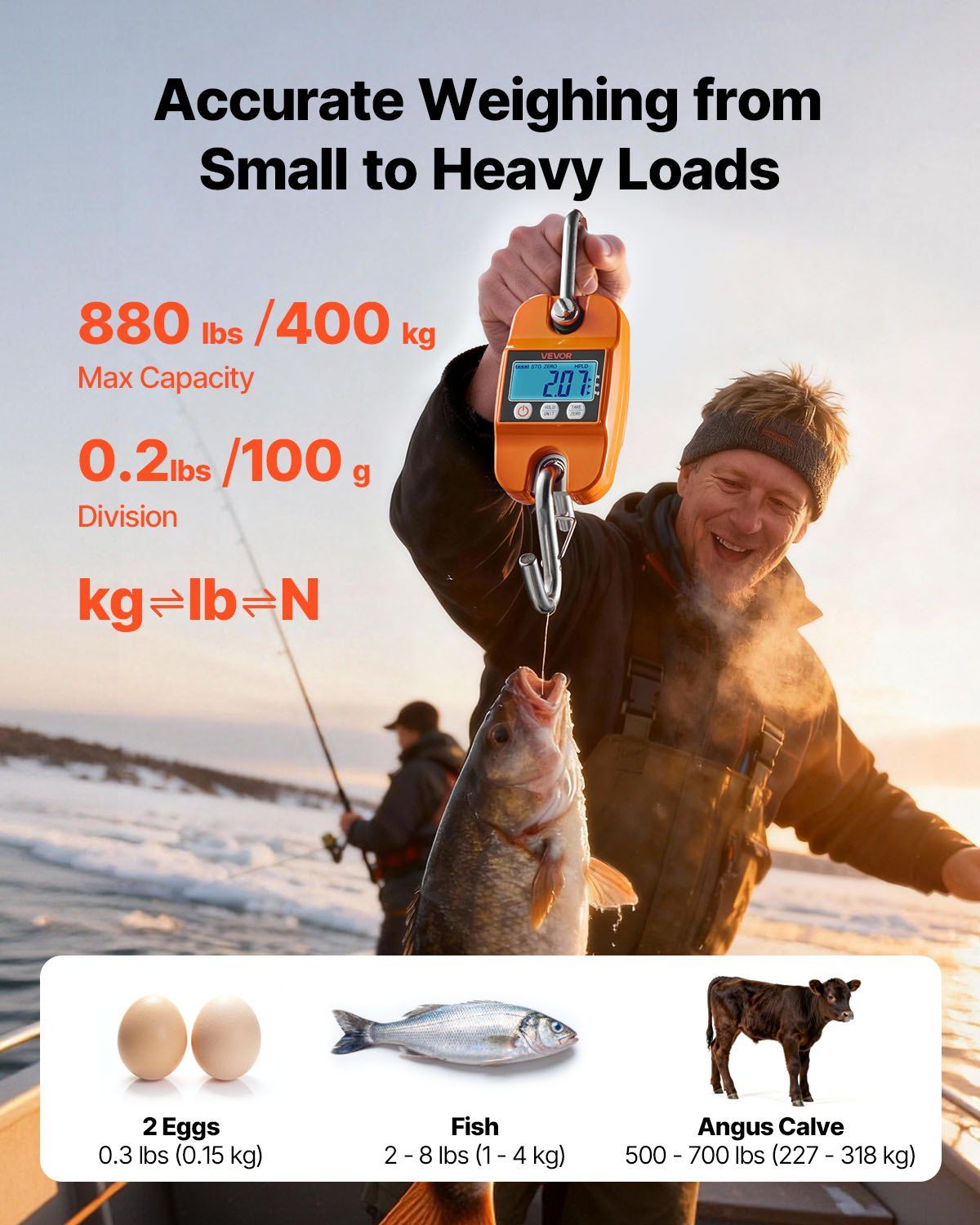 Digital Crane Scale, 880 lbs/400 kg Max Capacity, Handheld Hanging Scale with Cast Aluminum Case & LCD Display, 100 g Division & 3 Unit Switch, Auto-Off Setting for Farm Hunting Fishing, Orange - Image 2