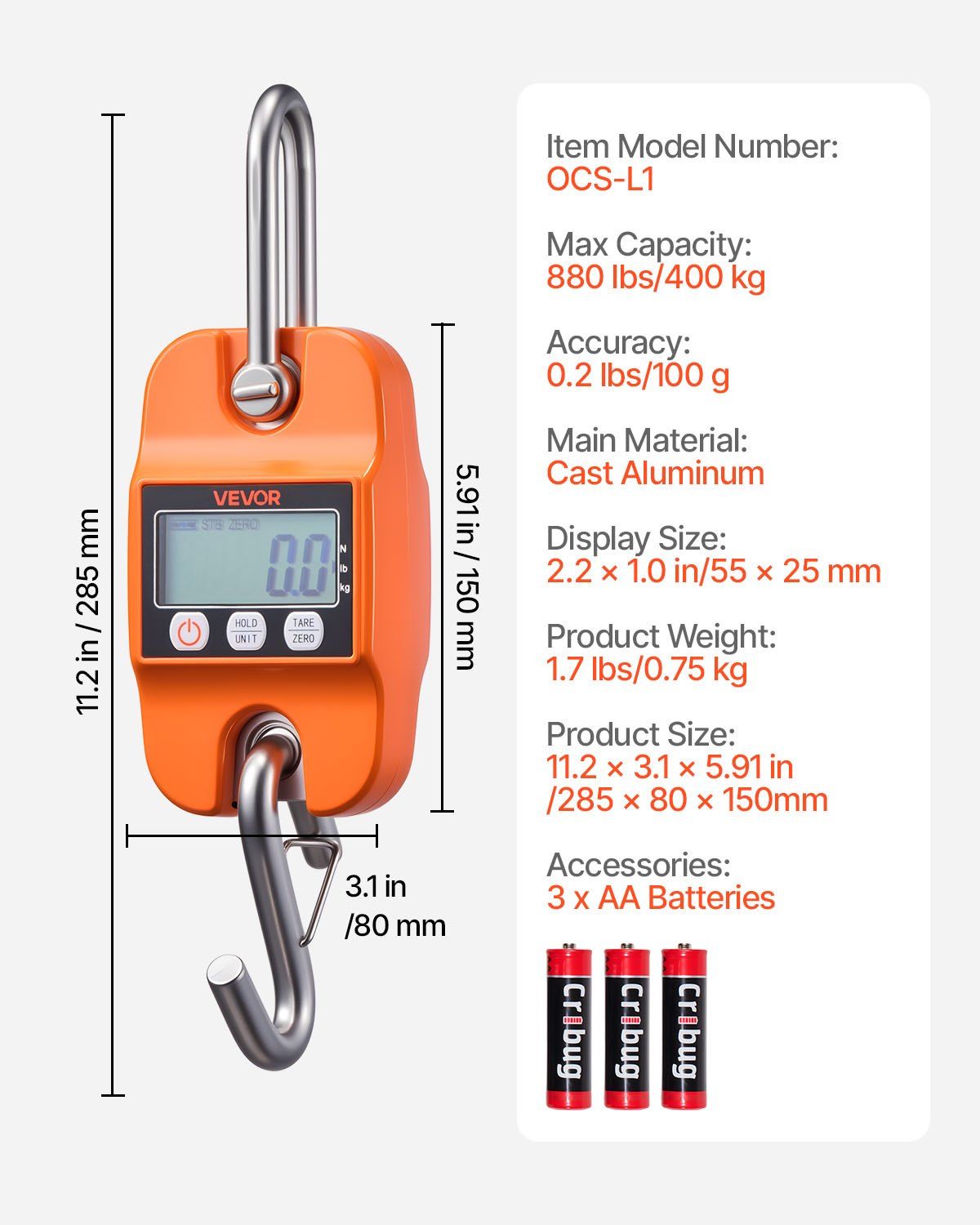 Digital Crane Scale, 880 lbs/400 kg Max Capacity, Handheld Hanging Scale with Cast Aluminum Case & LCD Display, 100 g Division & 3 Unit Switch, Auto-Off Setting for Farm Hunting Fishing, Orange - Image 7