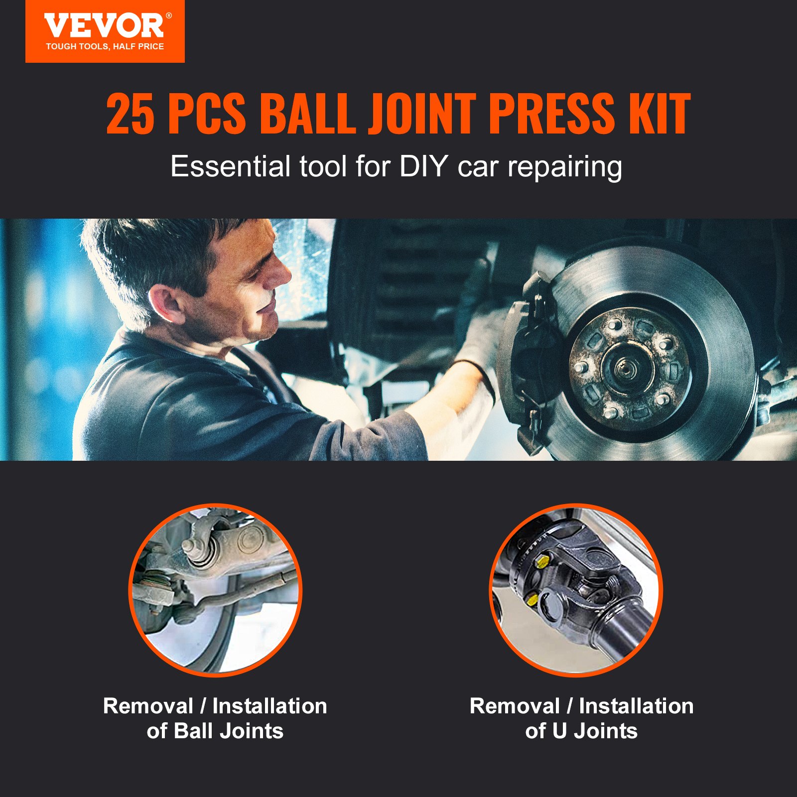 Ball Joint Press Kit, 25 pcsTool Kit, C-press Ball joint Remove and Install Tools, for Most 2WD and 4WD Cars, Heavy Duty Ball Joint Repair Kit for Automotive Repairing - Image 2