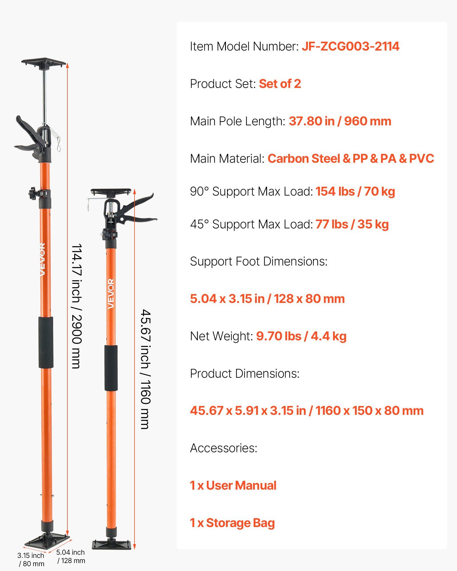 Cabinet Jack Support Pole, 2-Pack, 116-290 cm Steel Telescopic Quick Support Rod, Adjustable 3rd Hand System up to 70 kg Capacity for Installing Cabinets, Lifting Drywall, Cargo Bars - Image 7