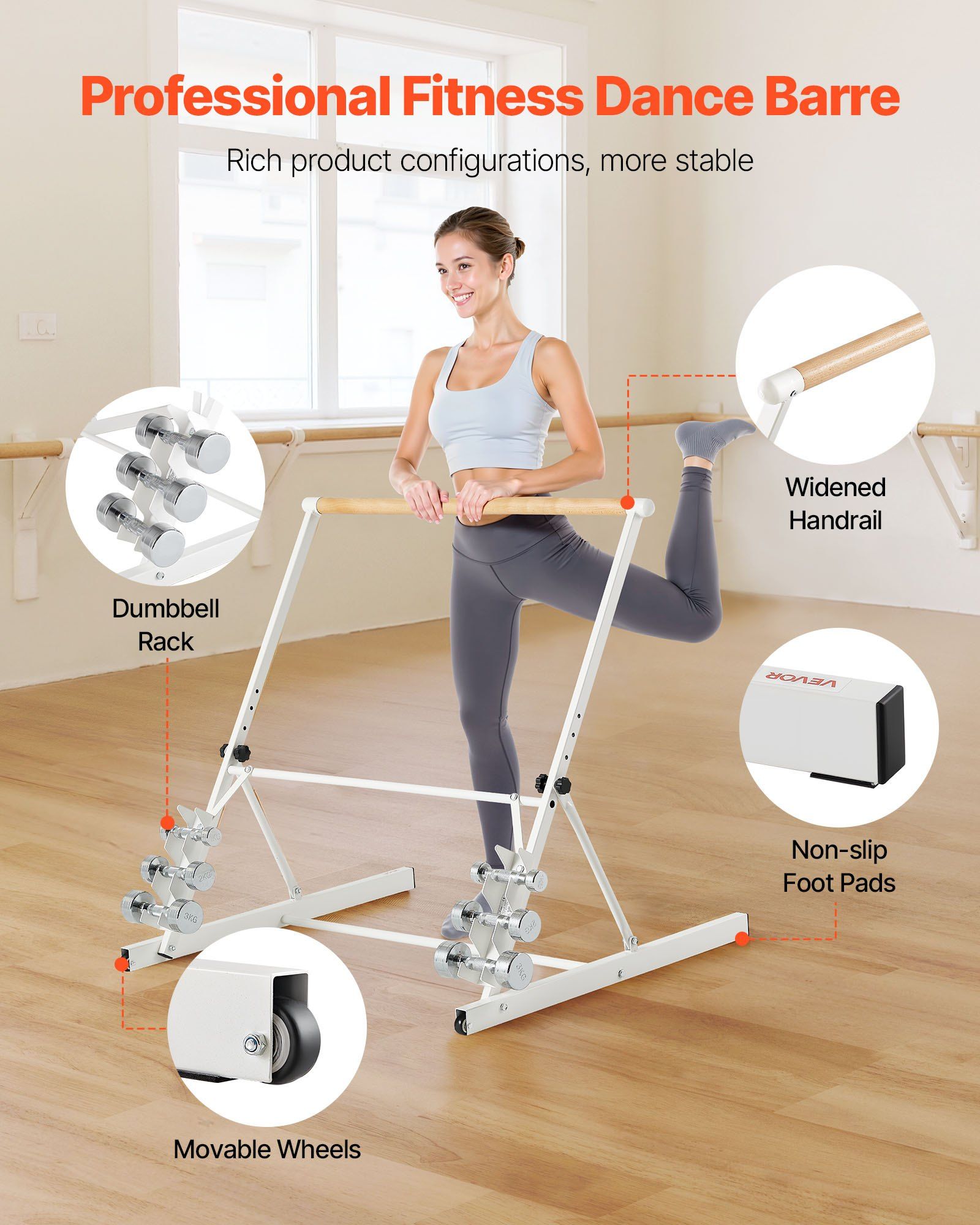 Ballet Barre, Freestanding Portable Barre Bar, Home Fitness Exercise Equipment for Abs, Arms, Strength, and Cardio, Easy to Store Foldable Stretching Dance Bars, 4 Level Height Adjustable - Image 3