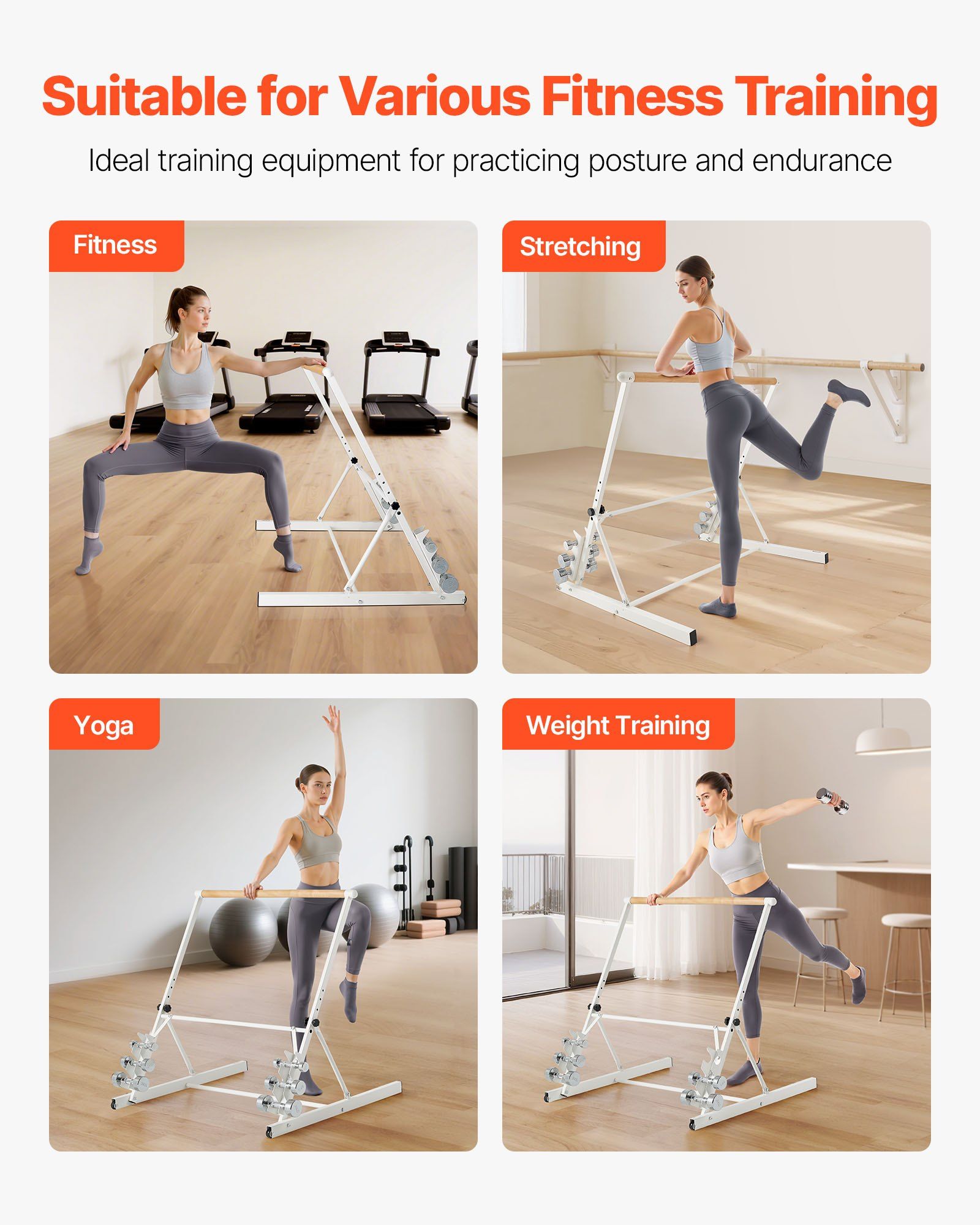Ballet Barre, Freestanding Portable Barre Bar, Home Fitness Exercise Equipment for Abs, Arms, Strength, and Cardio, Easy to Store Foldable Stretching Dance Bars, 4 Level Height Adjustable - Image 5