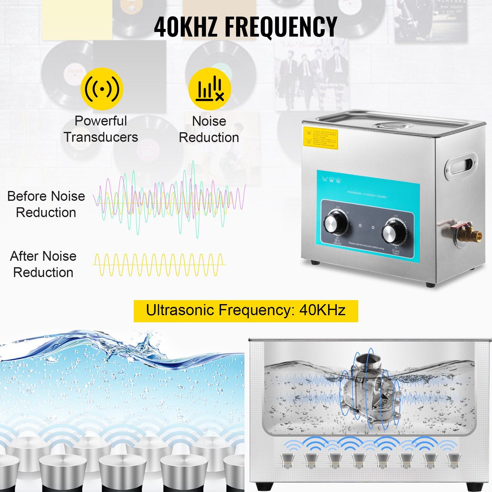 Ultrasonic Vinyl Record Cleaner 6L 40kHz Vinyl Ultrasonic Cleaning Machine Knob Control Record Ultrasonic Cleaner 8 Records Vinyl Sonic Cleaner Stainless Steel Tank with Mechanical Heater & Time - Image 3