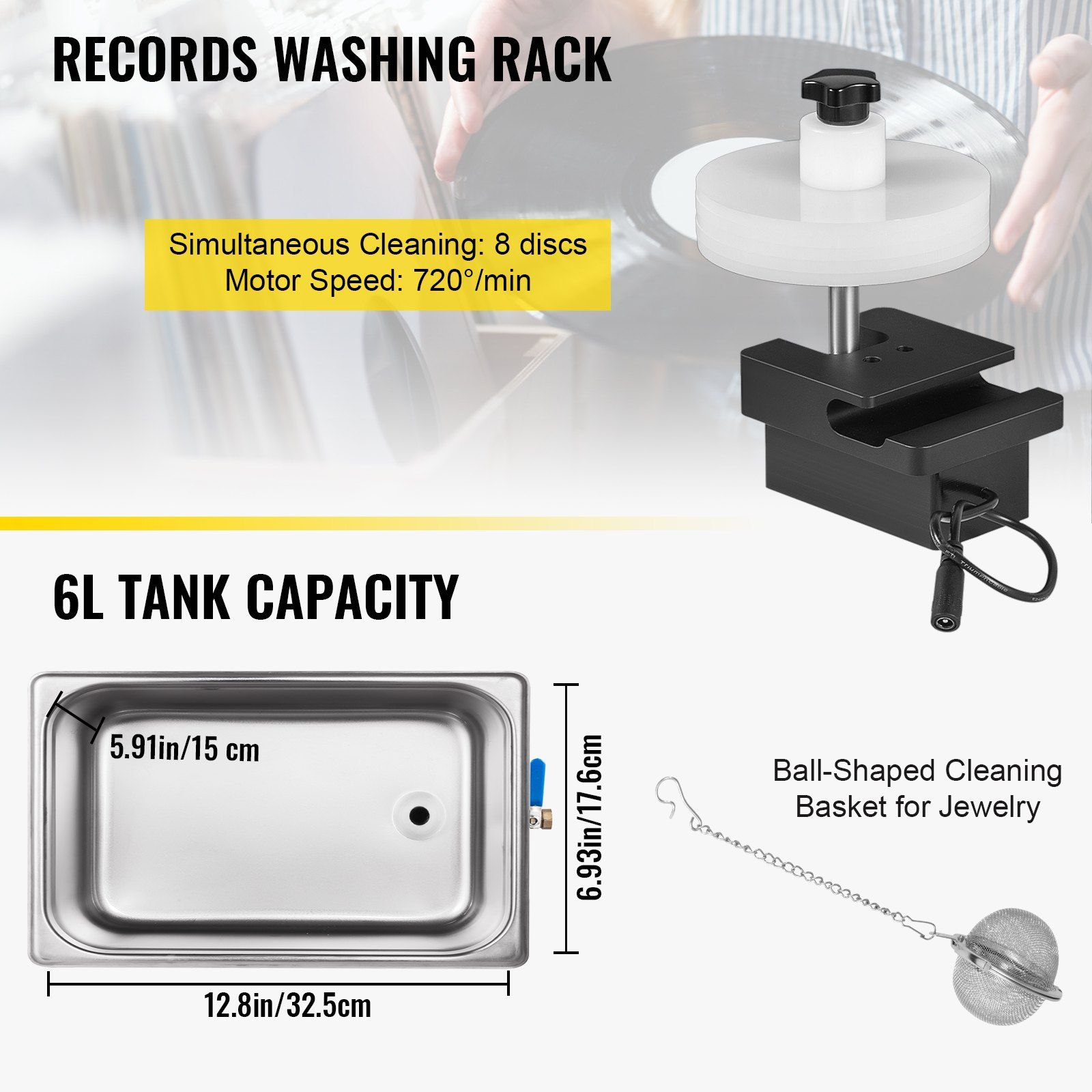 Ultrasonic Vinyl Record Cleaner 6L 40kHz Vinyl Ultrasonic Cleaning Machine Knob Control Record Ultrasonic Cleaner 8 Records Vinyl Sonic Cleaner Stainless Steel Tank with Mechanical Heater & Time - Image 6