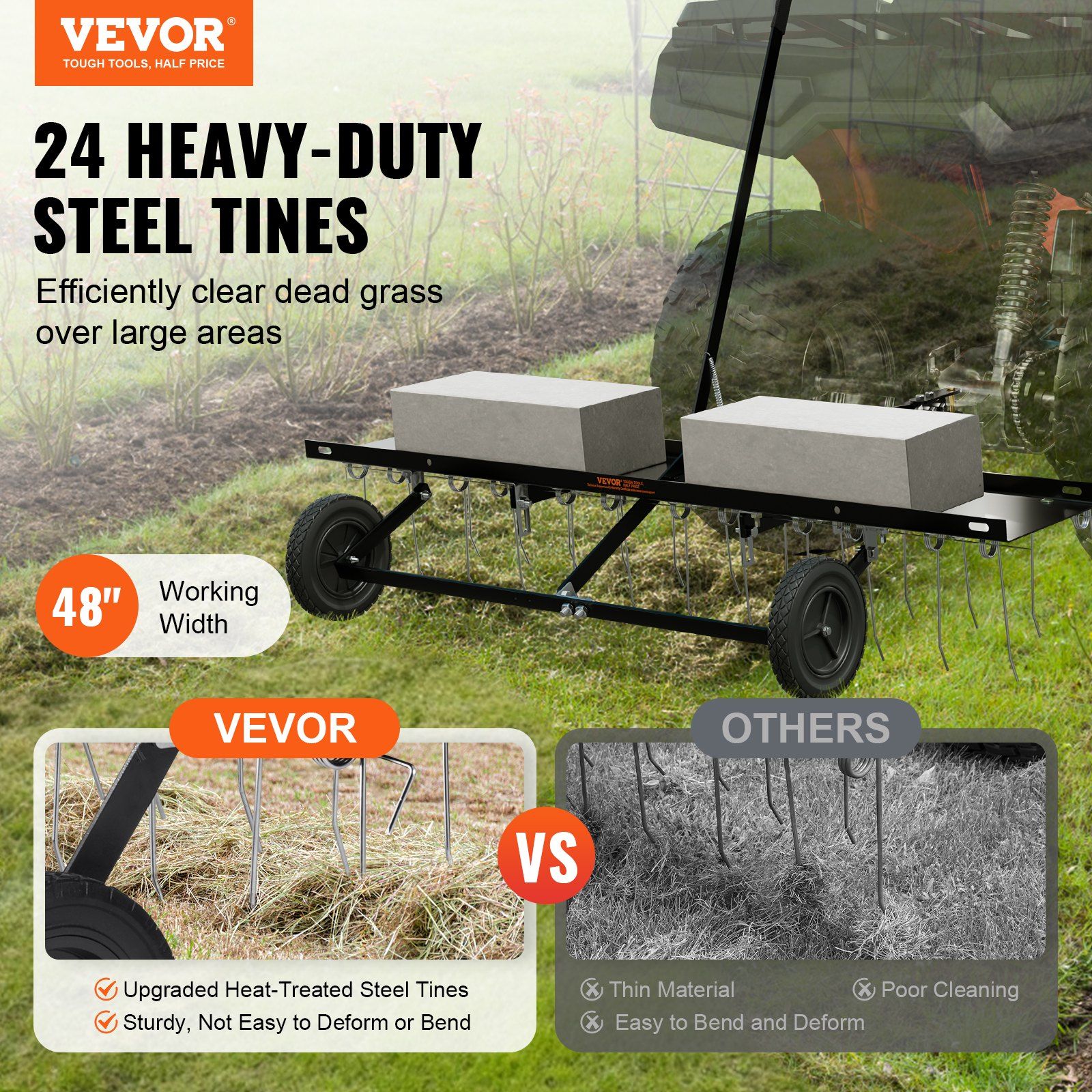Tow Behind Dethatcher, 1219mm Tow Dethatcher with 24 Spring Steel Tines, Lawn Dethatcher Rake for ATV or Mower, Tow Behind Lawn Rake with Lift Handle for Garden Farm Grass - Image 2