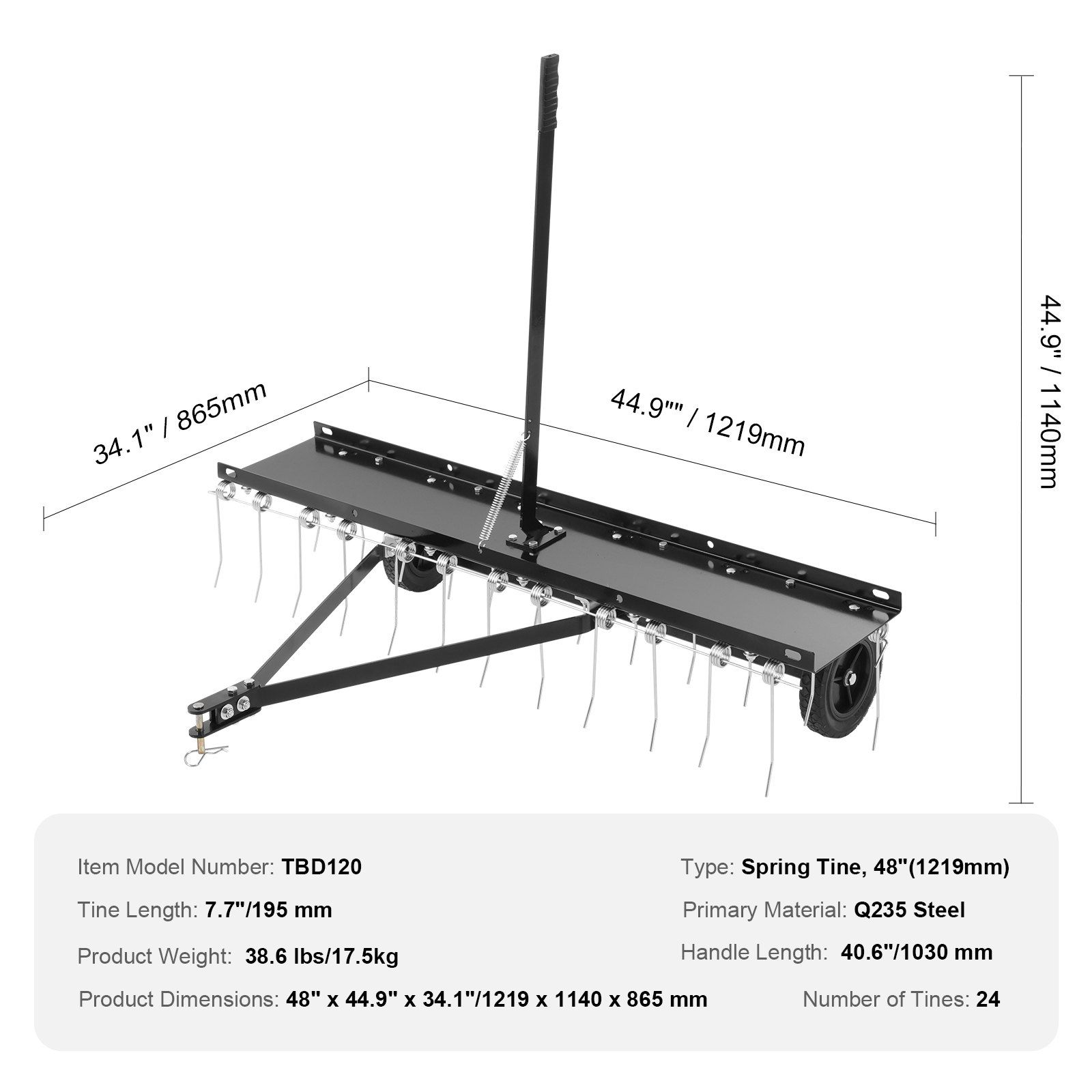 Tow Behind Dethatcher, 1219mm Tow Dethatcher with 24 Spring Steel Tines, Lawn Dethatcher Rake for ATV or Mower, Tow Behind Lawn Rake with Lift Handle for Garden Farm Grass - Image 7