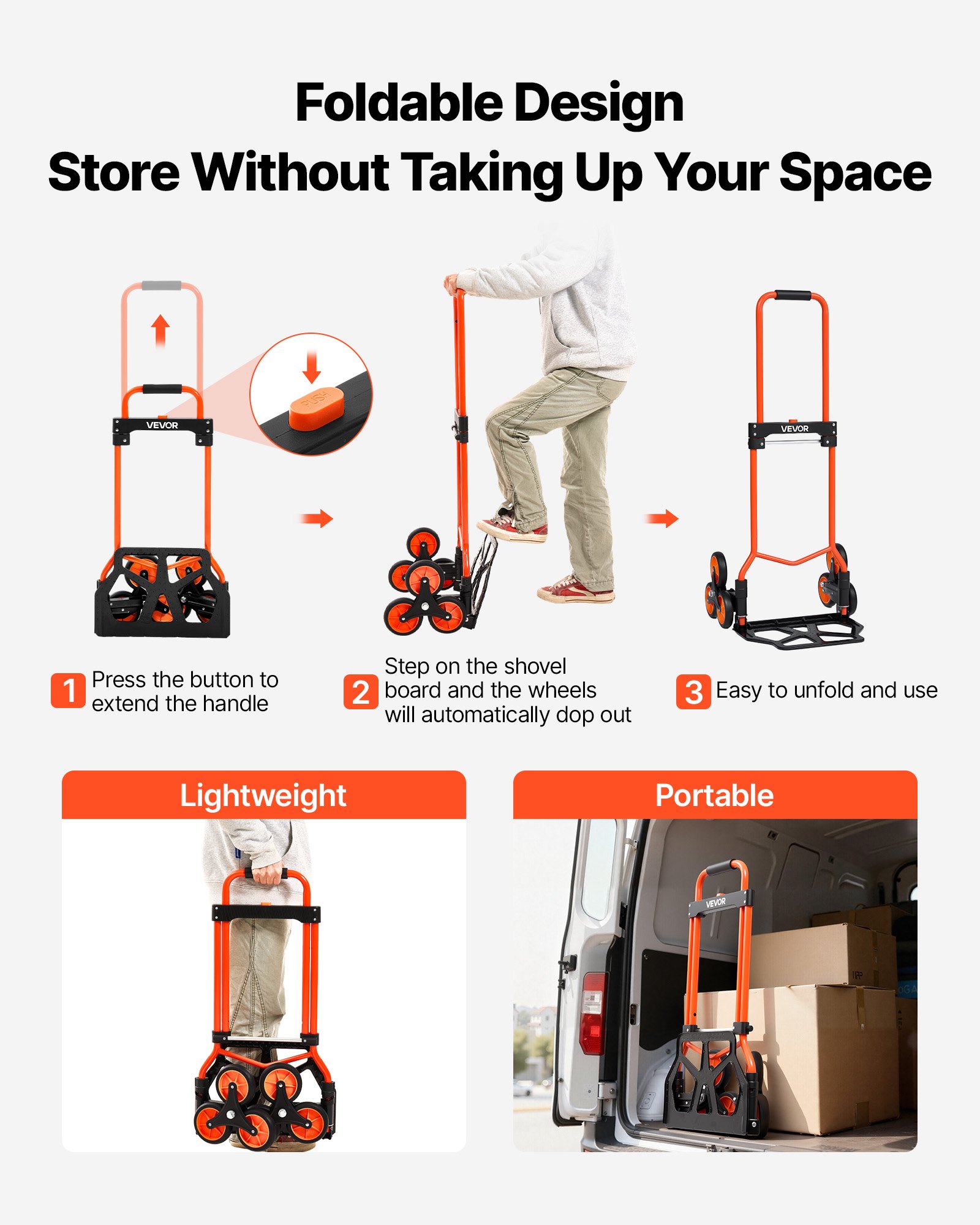 Stair Climbing Cart, 54 kg Stair-Climbing Capacity, Portable Folding Trolley Cart with Telescoping Handle, 6 Wheels and 2 Bungee Cords, Stair Climber Dolly for Home, Groceries, Warehouse - Image 4
