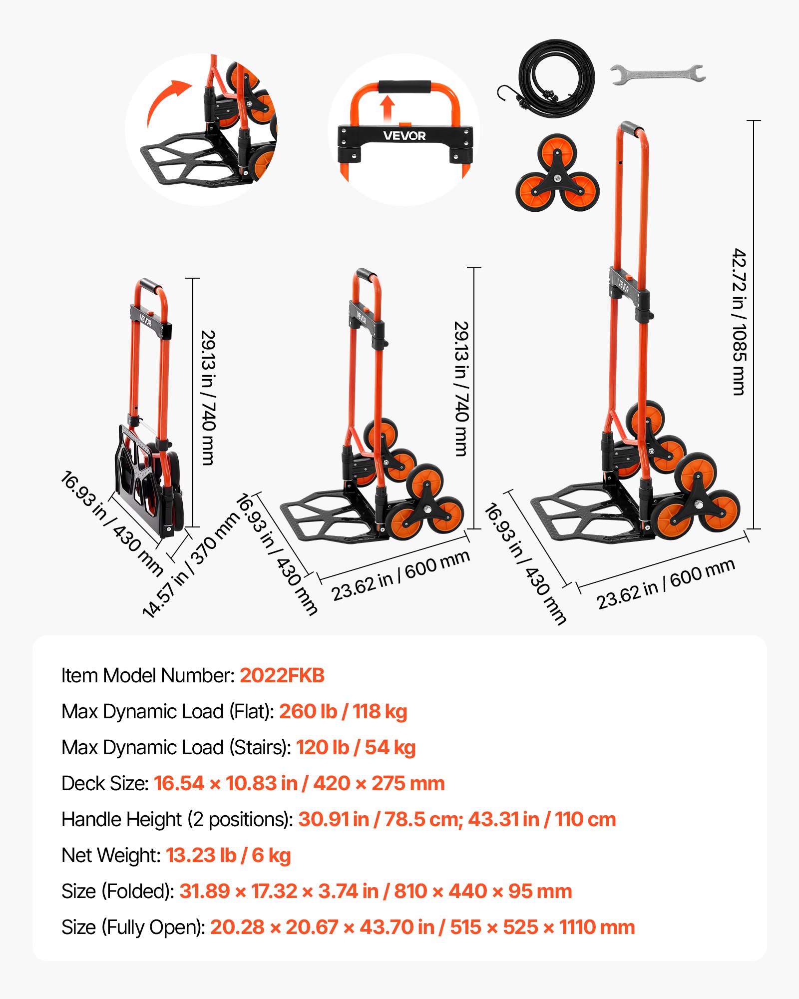 Stair Climbing Cart, 54 kg Stair-Climbing Capacity, Portable Folding Trolley Cart with Telescoping Handle, 6 Wheels and 2 Bungee Cords, Stair Climber Dolly for Home, Groceries, Warehouse - Image 7