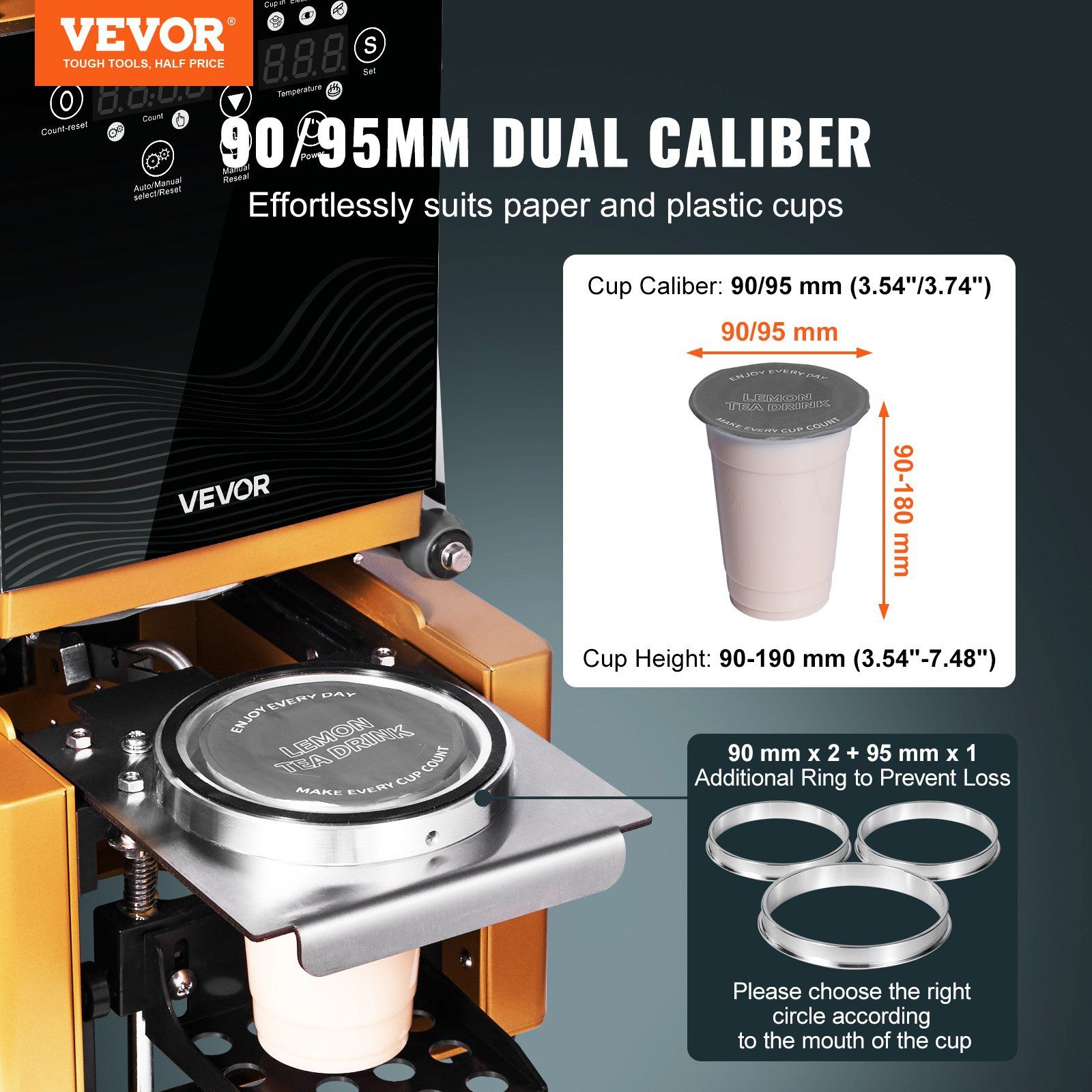 Fully Automatic Cup Sealing Machine, 500-650 Cups/H, Cup Sealer Machine for 190 mm Tall & 90/95 mm Cup, Electric Boba Tea Sealer with Digital Control LCD Panel for Bubble Milk Tea Coffee, Gold - Image 2