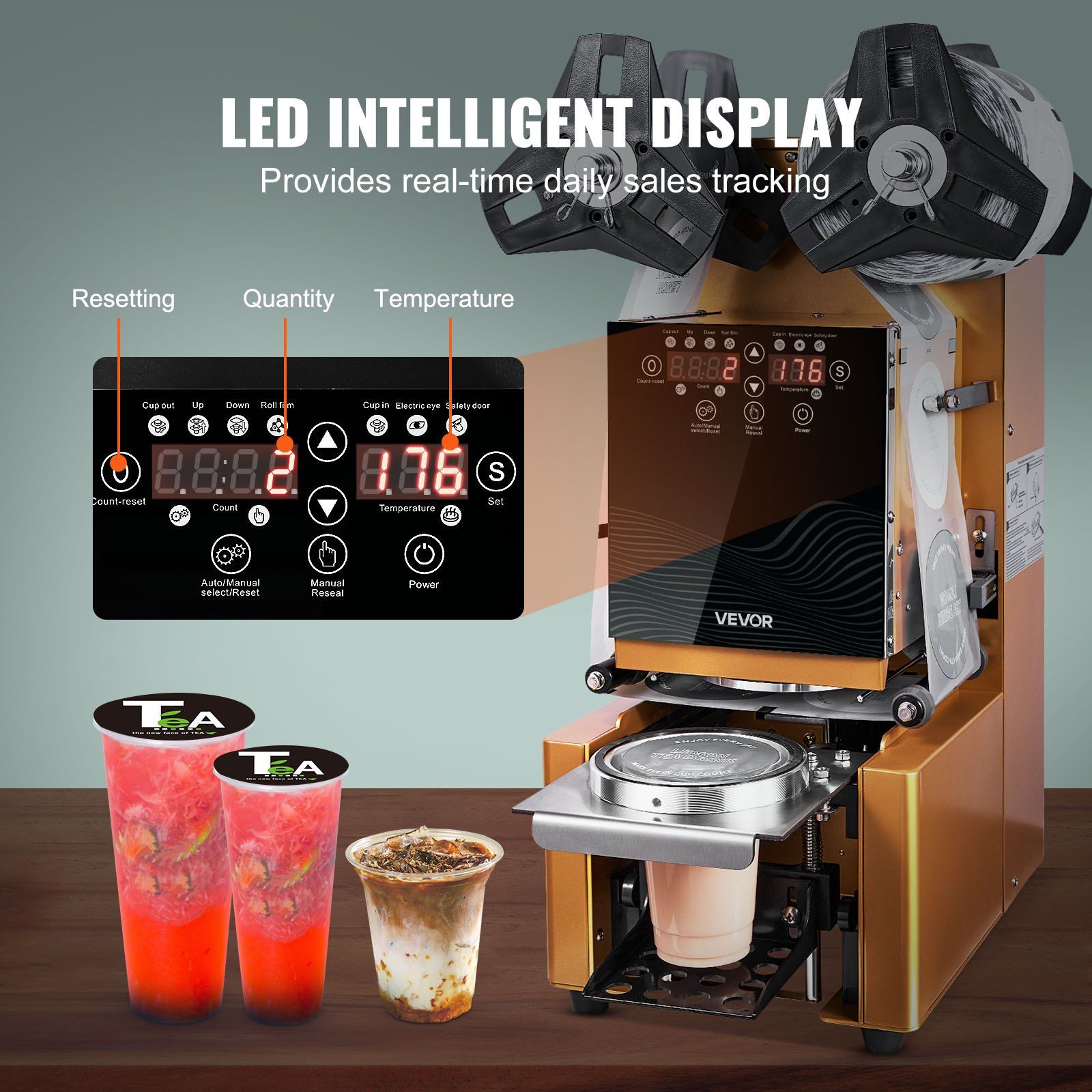 Fully Automatic Cup Sealing Machine, 500-650 Cups/H, Cup Sealer Machine for 190 mm Tall & 90/95 mm Cup, Electric Boba Tea Sealer with Digital Control LCD Panel for Bubble Milk Tea Coffee, Gold - Image 5