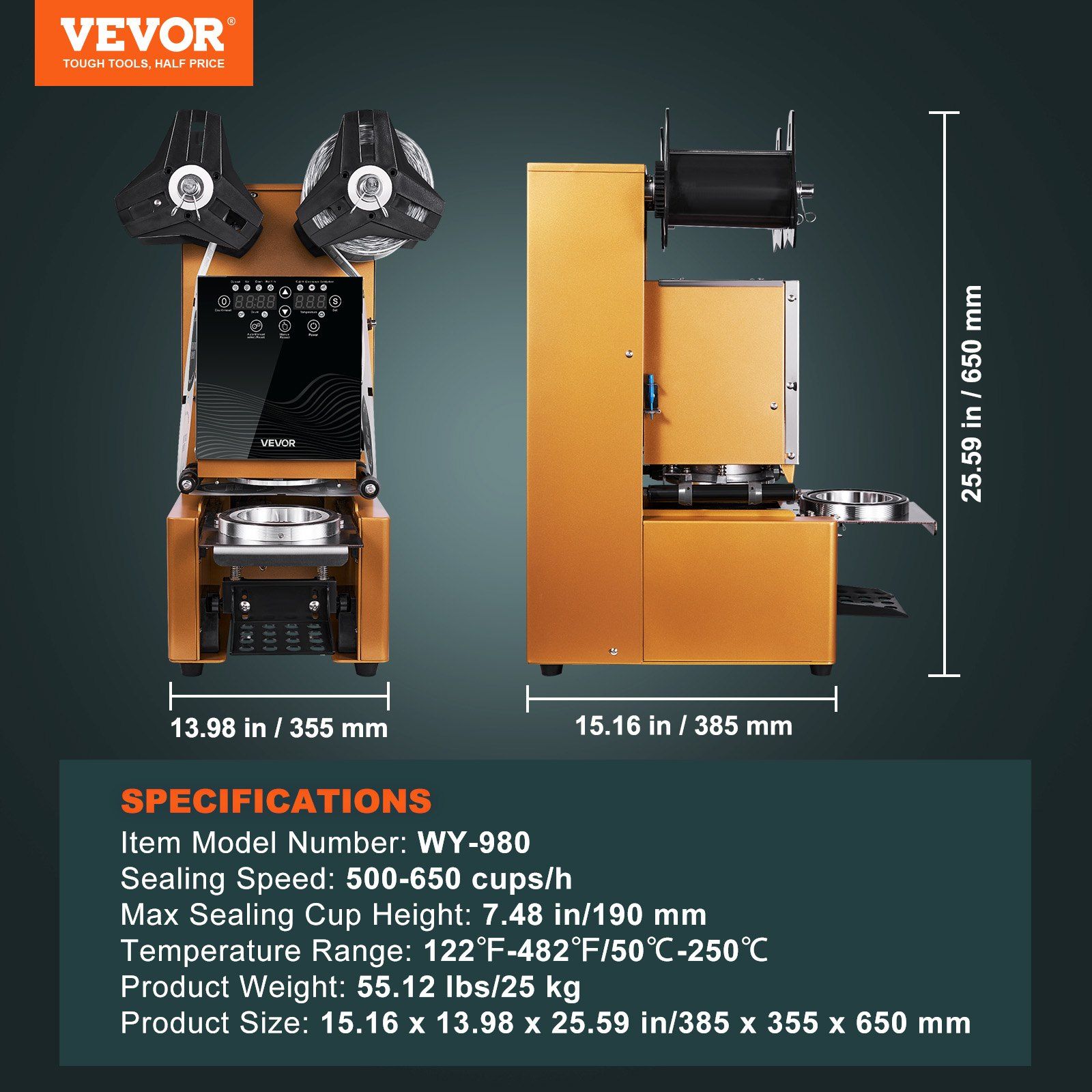 Fully Automatic Cup Sealing Machine, 500-650 Cups/H, Cup Sealer Machine for 190 mm Tall & 90/95 mm Cup, Electric Boba Tea Sealer with Digital Control LCD Panel for Bubble Milk Tea Coffee, Gold - Image 7