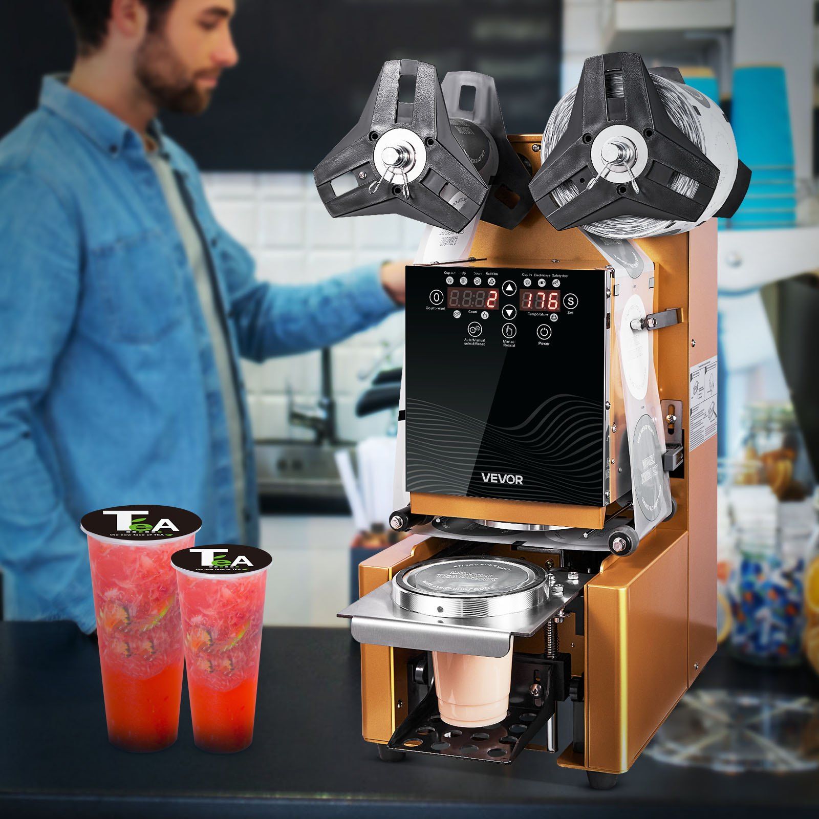 Fully Automatic Cup Sealing Machine, 500-650 Cups/H, Cup Sealer Machine for 190 mm Tall & 90/95 mm Cup, Electric Boba Tea Sealer with Digital Control LCD Panel for Bubble Milk Tea Coffee, Gold - Image 8