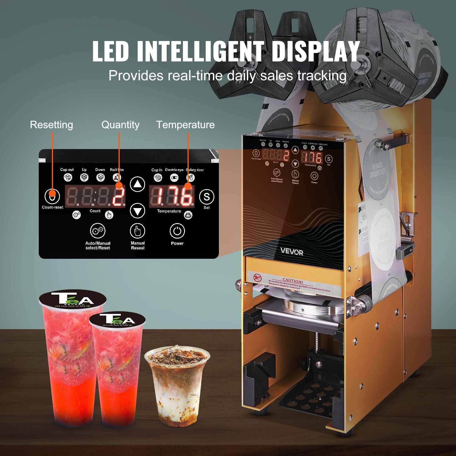 Fully Automatic Cup Sealing Machine, 500-650 Cups/H, Cup Sealer Machine for 180 mm Tall & 90/95 mm Cup, Electric Boba Tea Sealer with Digital Control LCD Panel for Bubble Milk Tea Coffee, Gold - Image 5