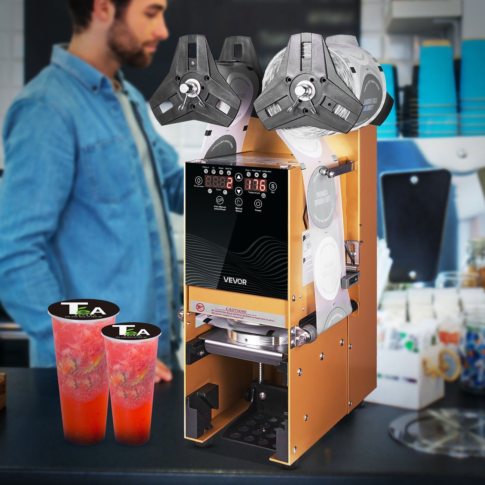 Fully Automatic Cup Sealing Machine, 500-650 Cups/H, Cup Sealer Machine for 180 mm Tall & 90/95 mm Cup, Electric Boba Tea Sealer with Digital Control LCD Panel for Bubble Milk Tea Coffee, Gold - Image 8