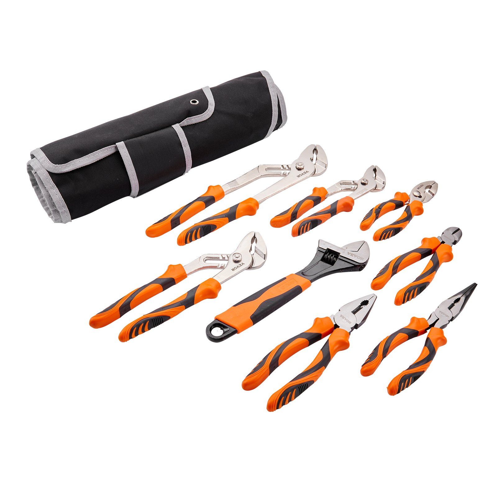 Pliers Set, 8-Piece, High Carbon Steel, 30.5cm/25.4cm/20.3cm Groove Joint Pliers, 20.3cm Linesman's Pliers, 15.2cm Slip Joint Pliers, 20.3cm Long Nose Pliers, 15.2cm Diagonal Cutter, 25.4cm Adjustable Wrench, and Tool Bag - Image 1