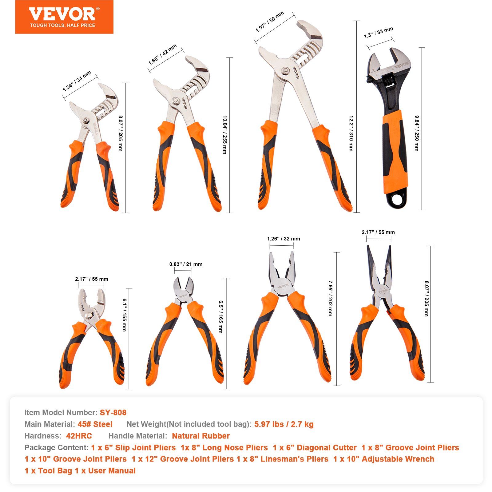 Pliers Set, 8-Piece, High Carbon Steel, 30.5cm/25.4cm/20.3cm Groove Joint Pliers, 20.3cm Linesman's Pliers, 15.2cm Slip Joint Pliers, 20.3cm Long Nose Pliers, 15.2cm Diagonal Cutter, 25.4cm Adjustable Wrench, and Tool Bag - Image 7