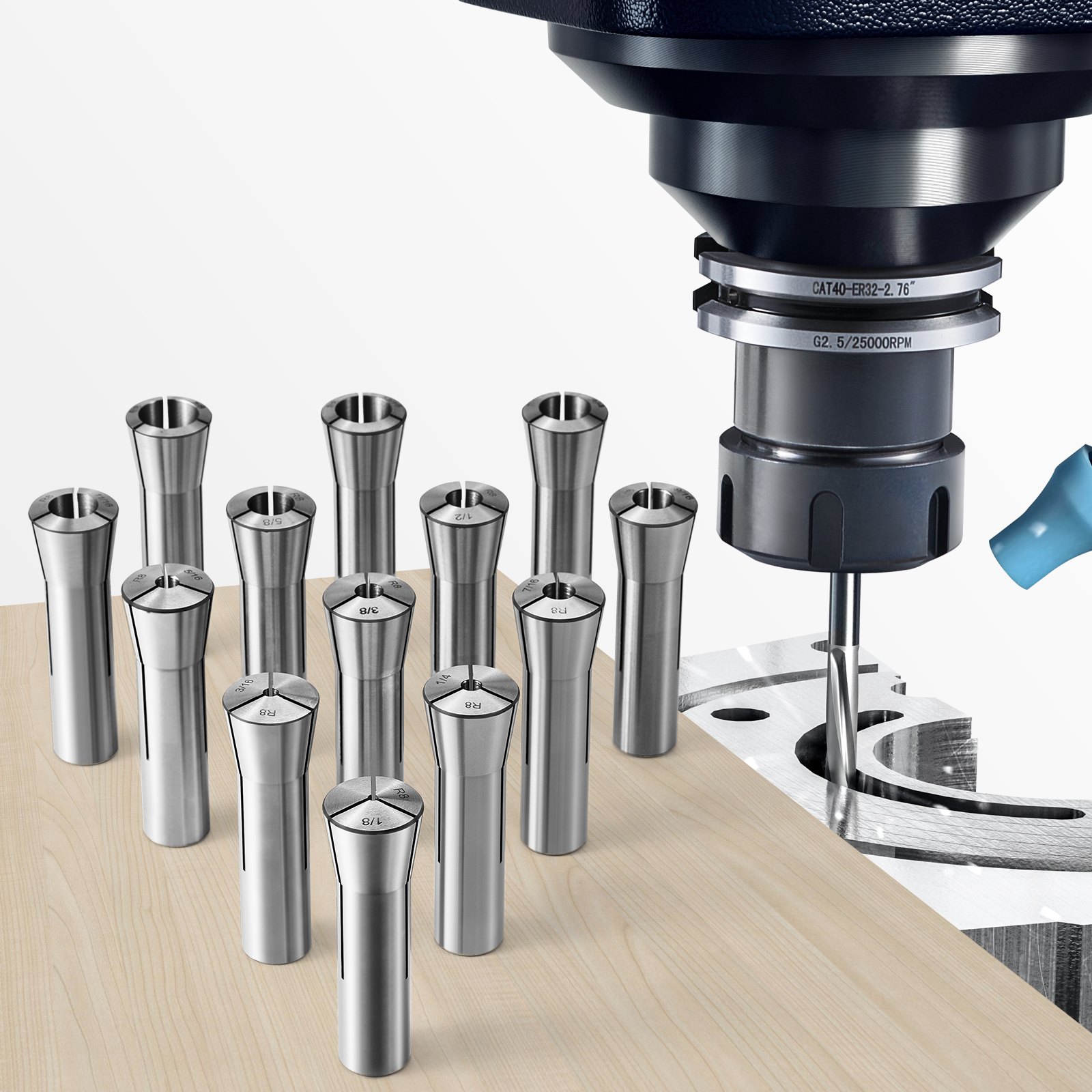 13 pcs Precision R8 Collet Set, 1/8'' - 7/8'', 45# Mill Collet Chuck 0.0012